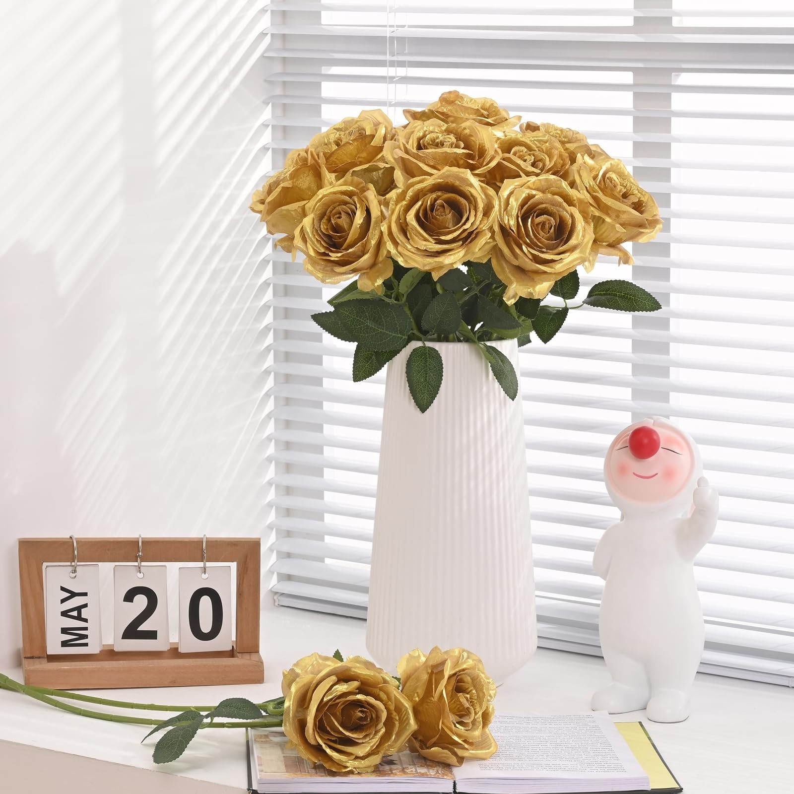 16 Pcs Fake Gold Roses Artificial Flowers with Long Stems, Rose Bouquet Silk …