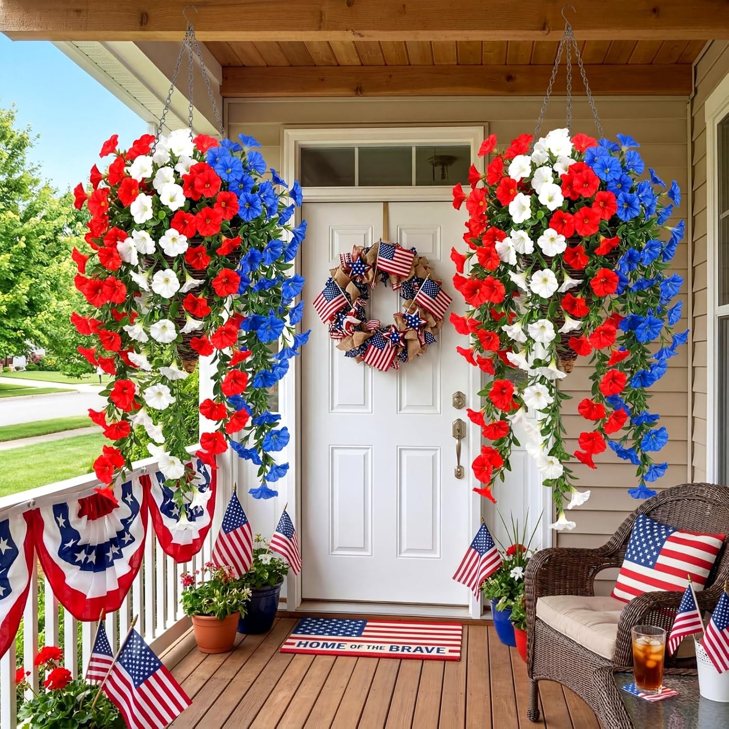 12 Pcs Red White Blue Artificial Hanging Flowers Outdoor with 2 Baskets 250th