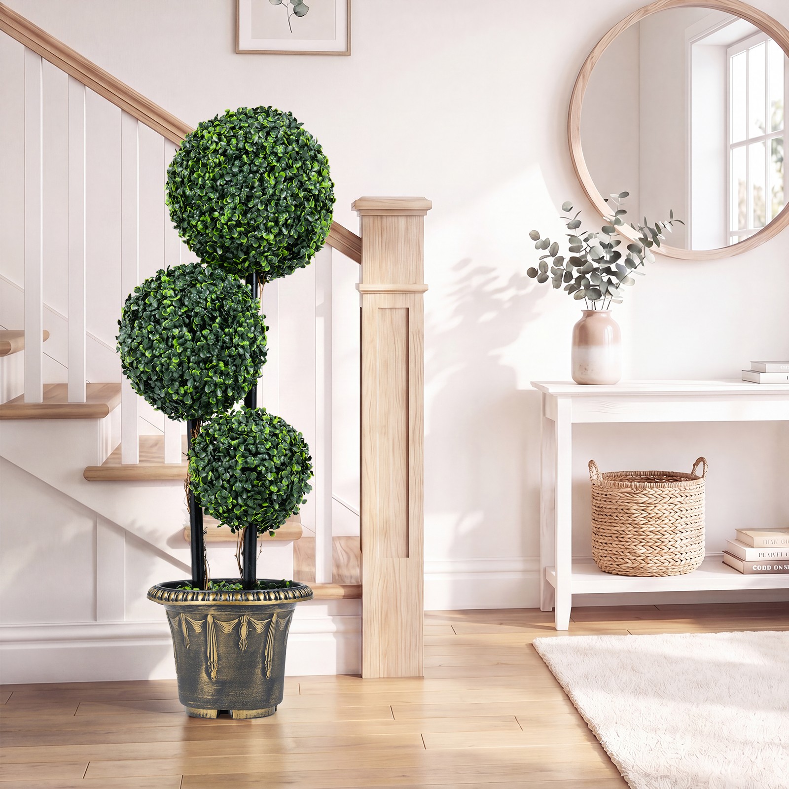 2PCS 3 FT Artificial Boxwood Topiary Tree, Sun-Protective Triple Ball Shrubs