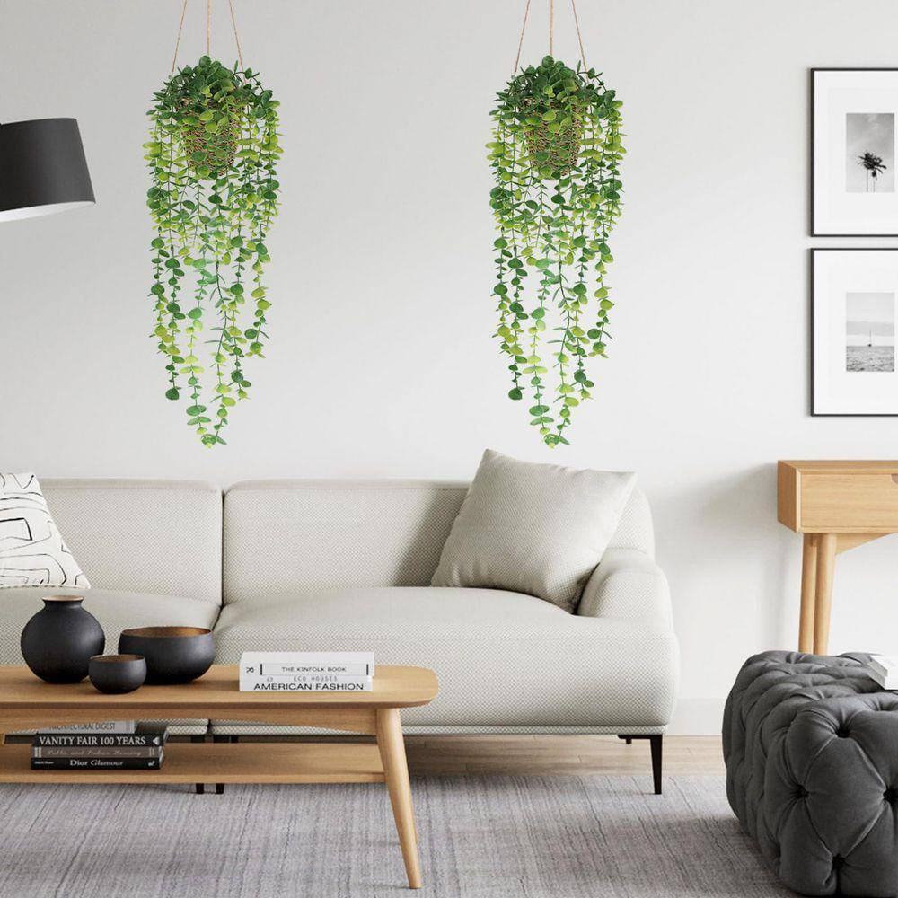 20.87 In. Green Fake Hanging Plant with Woven Basket, Artificial Vines Eucalyptu