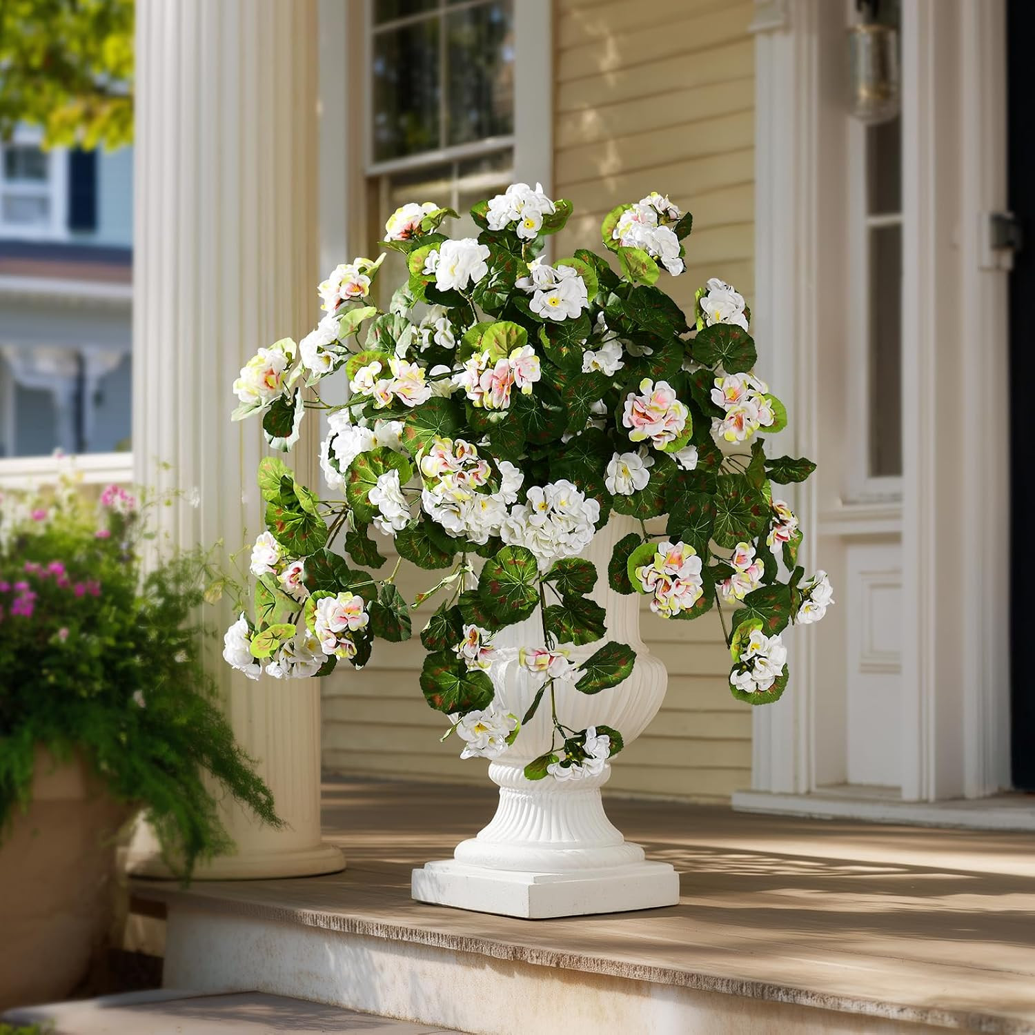 2 Pcs Artificial White Geranium Flowers for Outdoor Decor and Arrangements