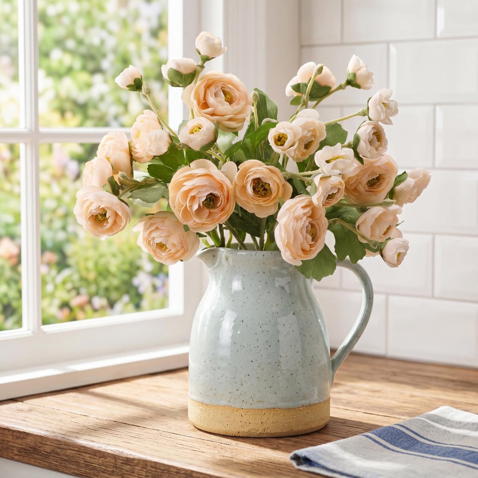 4 Pcs 7 Heads Artificial Ranunculus Flowers 18.5″ Champagne Beige Velvet Floc…