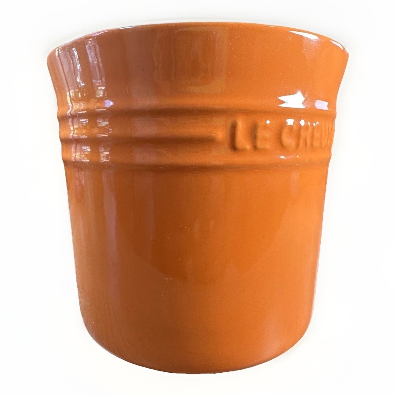 Le Creuset Flame Orange Utensil Holder Crock Vase w/ Flower Decor 2.75 Kitchen