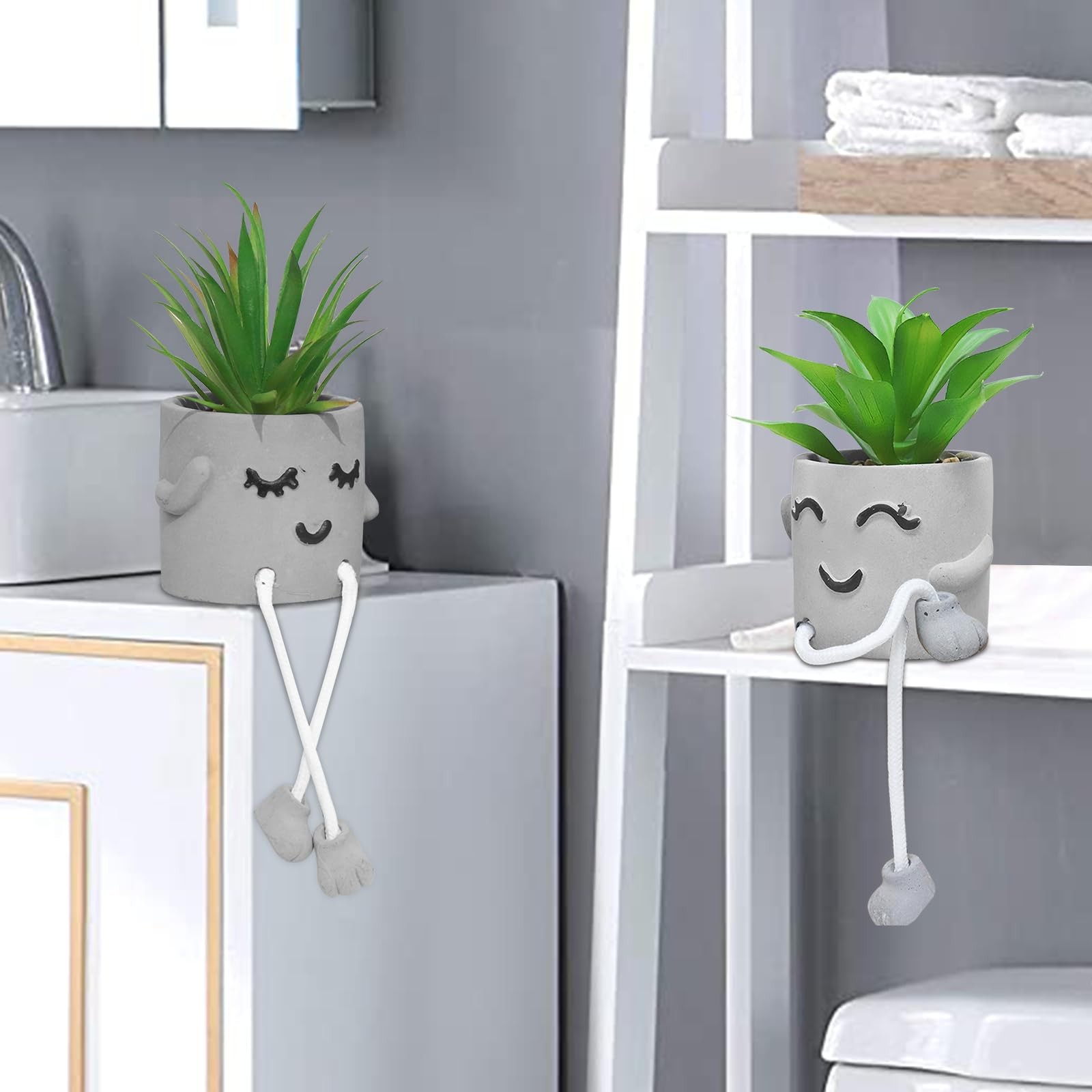 Faux Succulents In Cement Pots With Hanging Leg Potted Mini Fake Plants For Desk