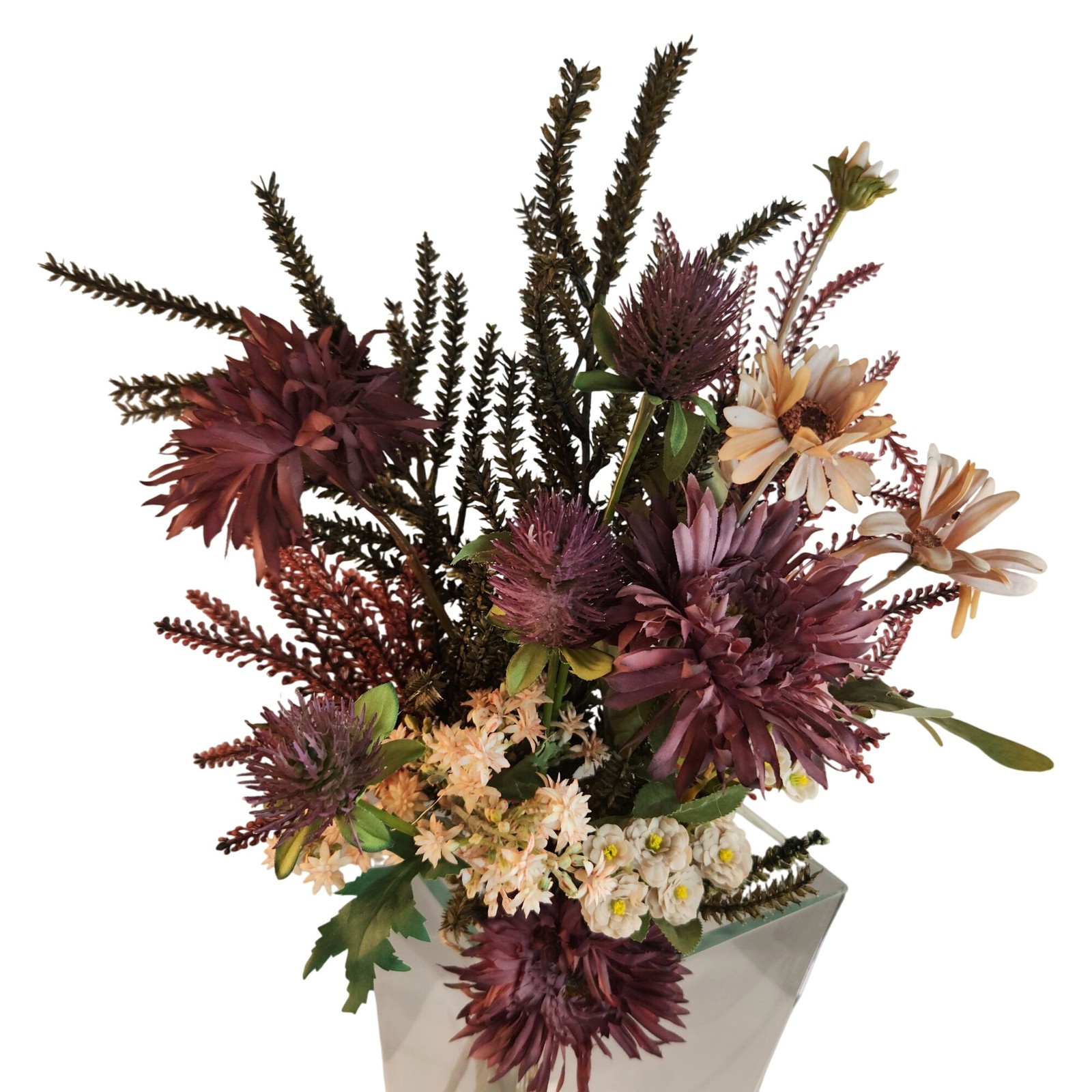 Hand Tied Artificial Flower Bouquet With Burgundy Purple Cream and Green Tones