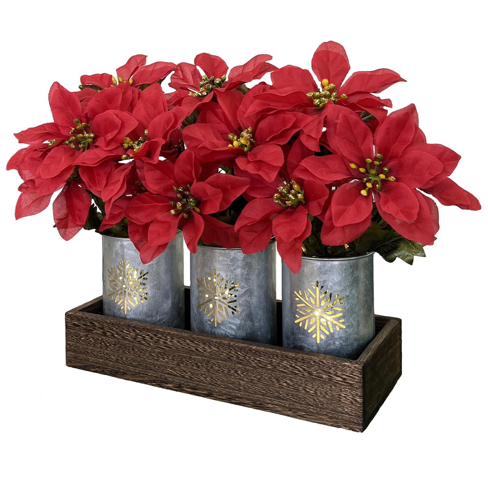 Poinsettias Artificial Christmas Flowers with LED Lights, Red Xmas Table Cent…