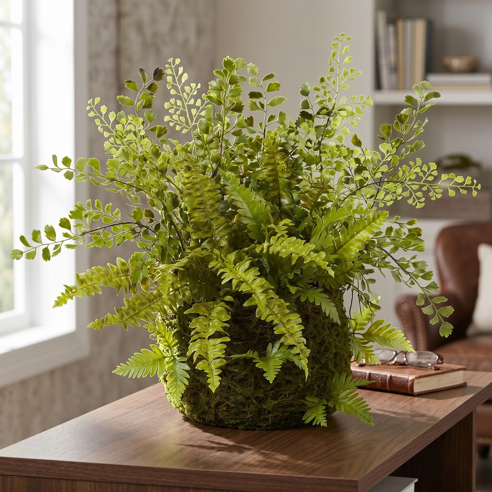 Mixed Fern w/Twig and Moss Basket