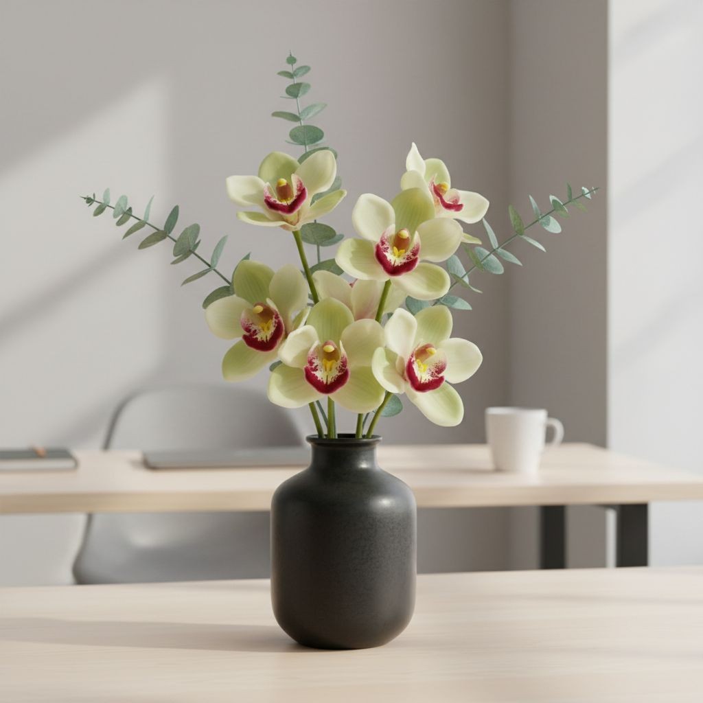 Artificial Cymbidium Orchid Stems Cream Green Burgundy Faux Orchid Bouquet Reali