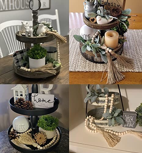 60″ Farmhouse Wood Bead Garland with Tassels Rustic Boho Tiered Tray Decor