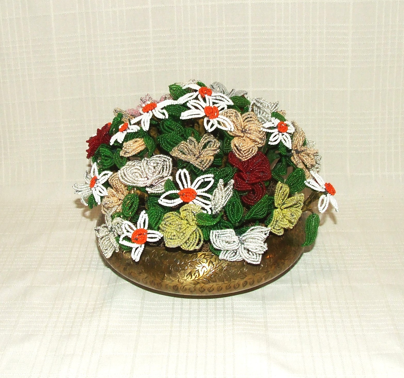 Vintage French Beaded Flower Arrangement / Ornate Brass Planter ~ Heavy