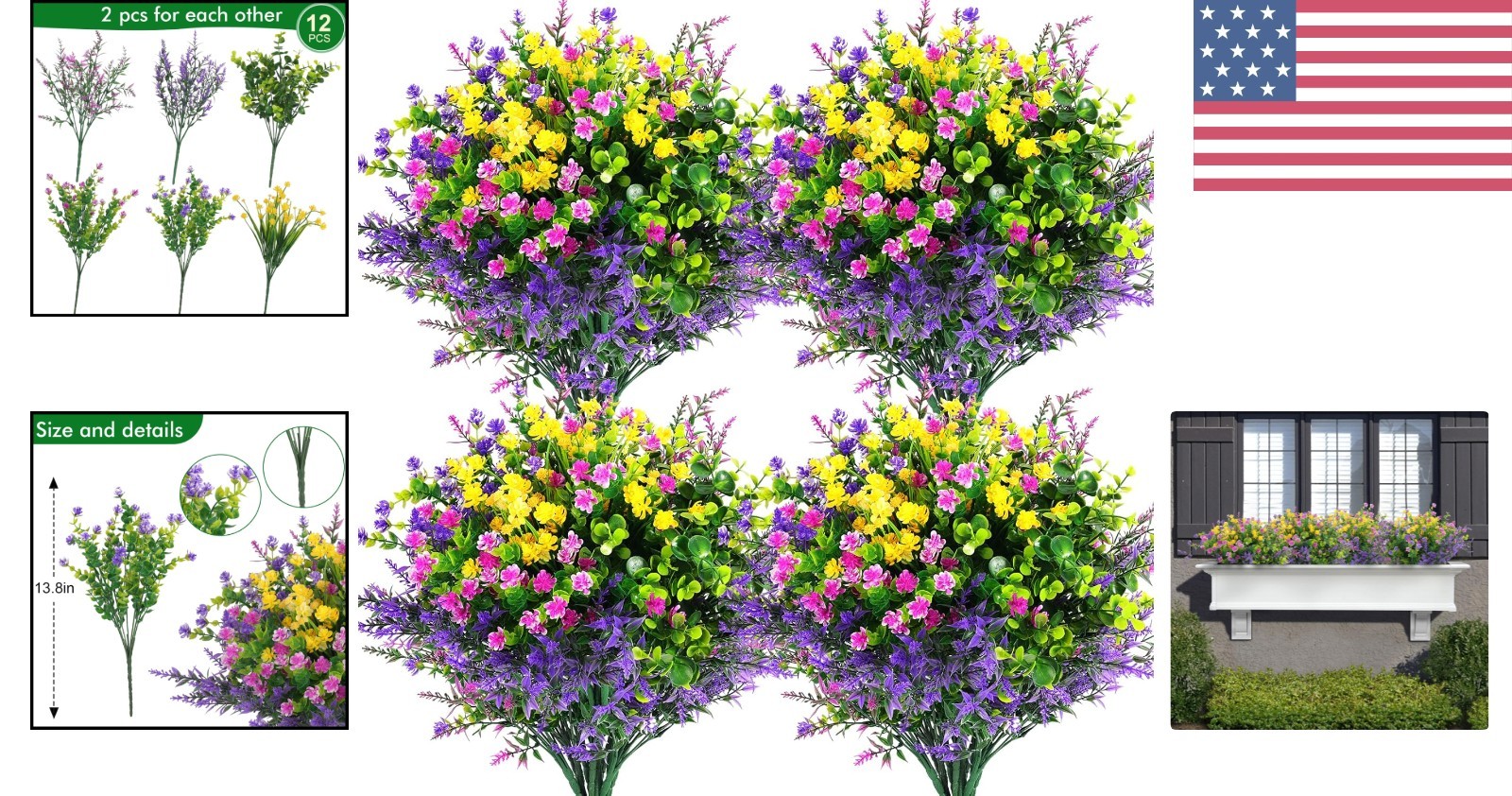 Colorful Artificial Flowers Set – 12 Pcs Outdoor Decor in Fuchsia, Yellow, Green