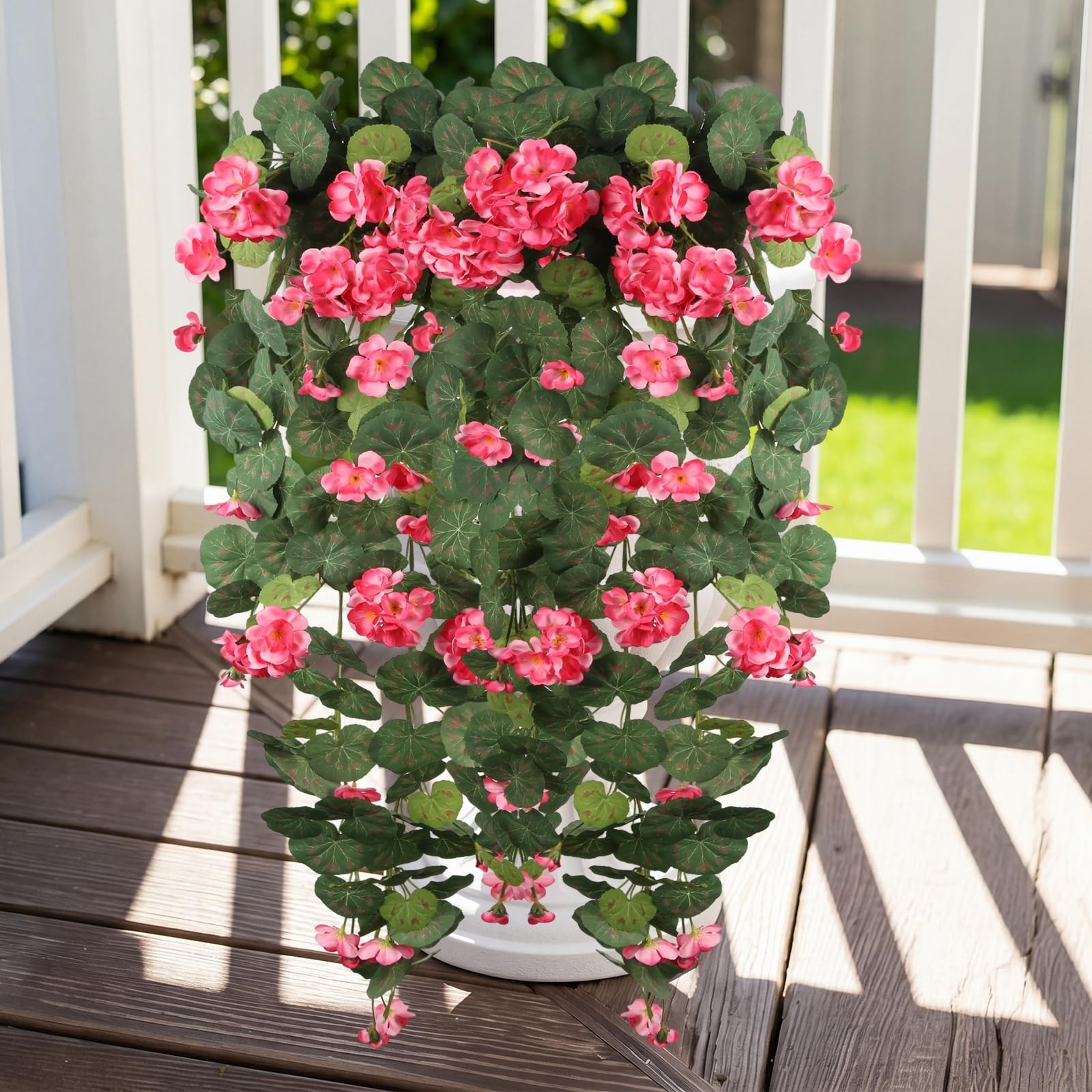 Pink Silk Geranium 43.3″ Artificial Hanging Flowers for Outdoors, UV Resistan…