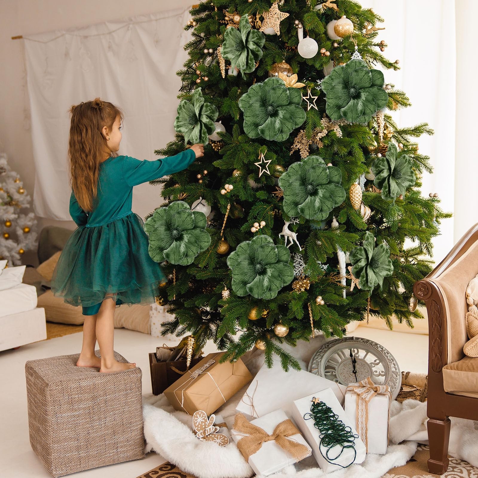 12 PCS Forest Green Large Velvet Christmas Poinsettia Magnolia Flowers Big