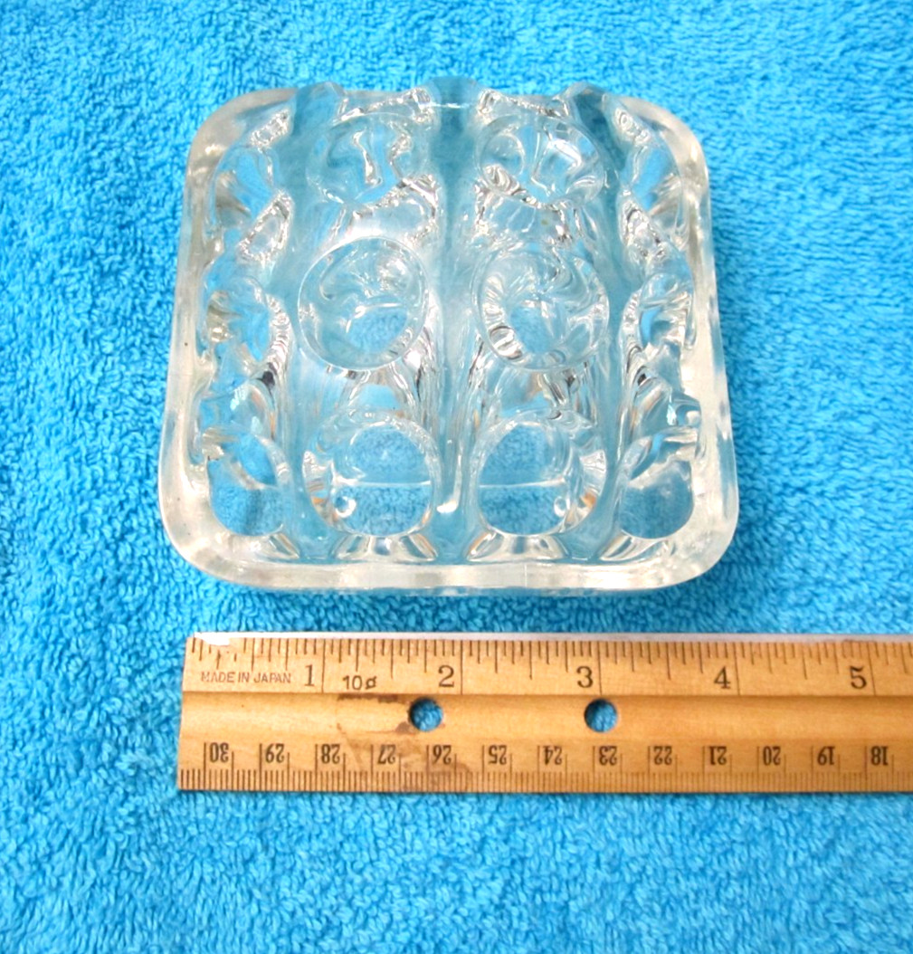 LARGE VINTAGE 3 1/2″ SQARE 16-HOLE CLEAR GLASS FLOWER FROG with DOMED CENTER