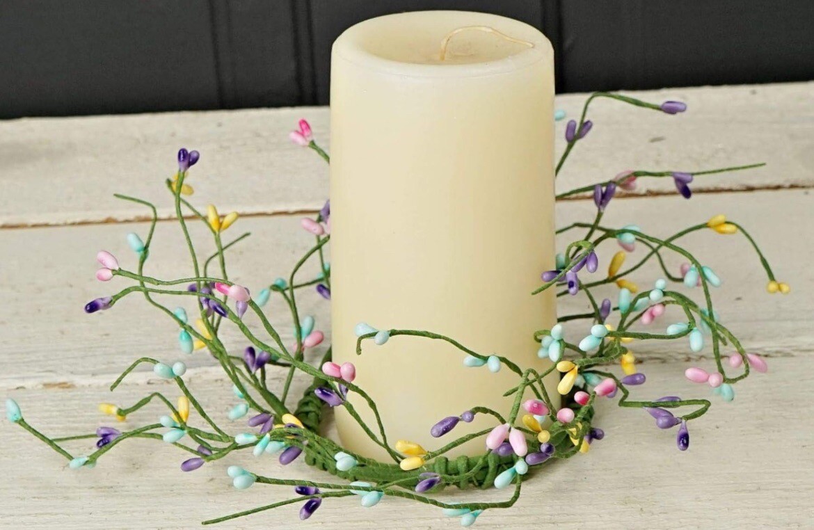 Happy Spring Pip Berry Candle Ring 3.5″ -Pastel Easter Wreath Pink Purple Green