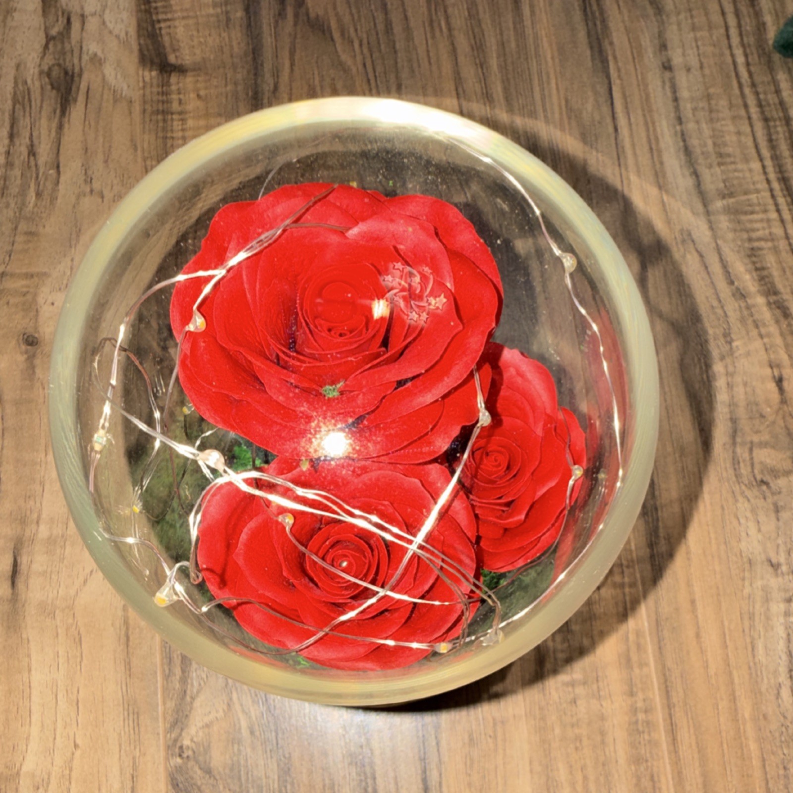 Artificial Red Rose Arrangement in Glass Dome with Gold and Green Accents