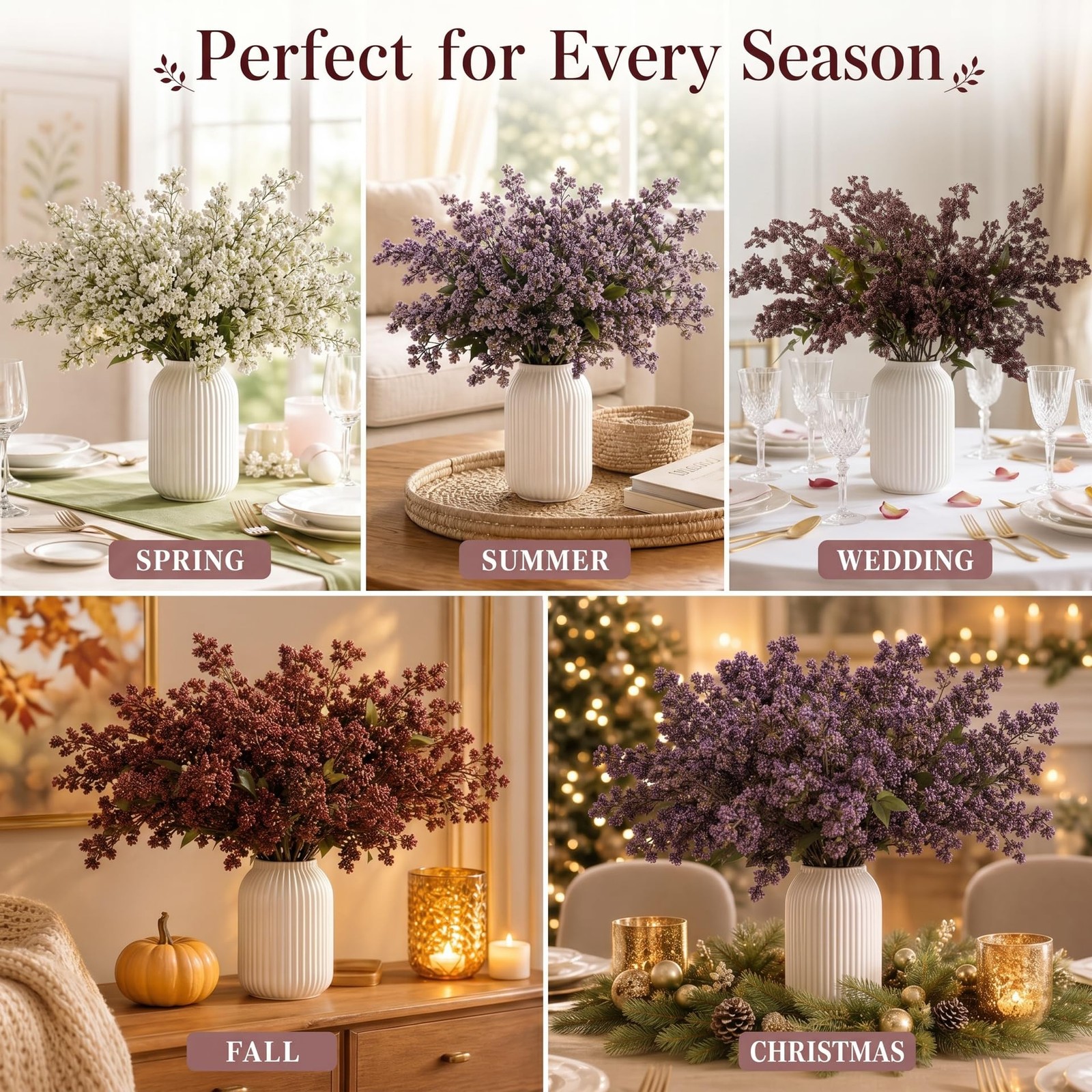 3Pcs Purple Artificial fall stems for Vase, 43 Inch faux stems realistic, , R…