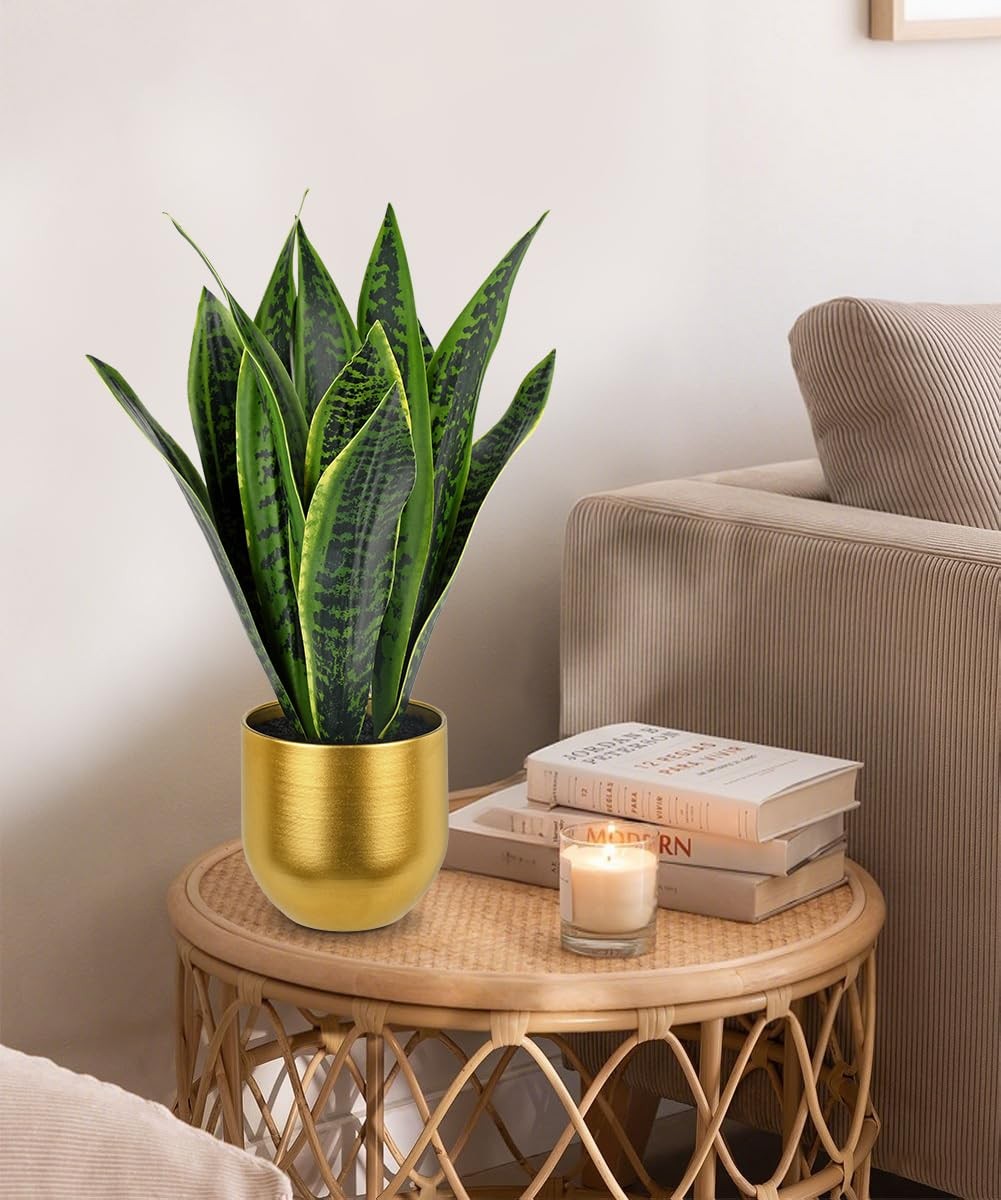 17 Inch Artificial Snake Plant In Gold Pot Faux Tropical Sansevieria Silk