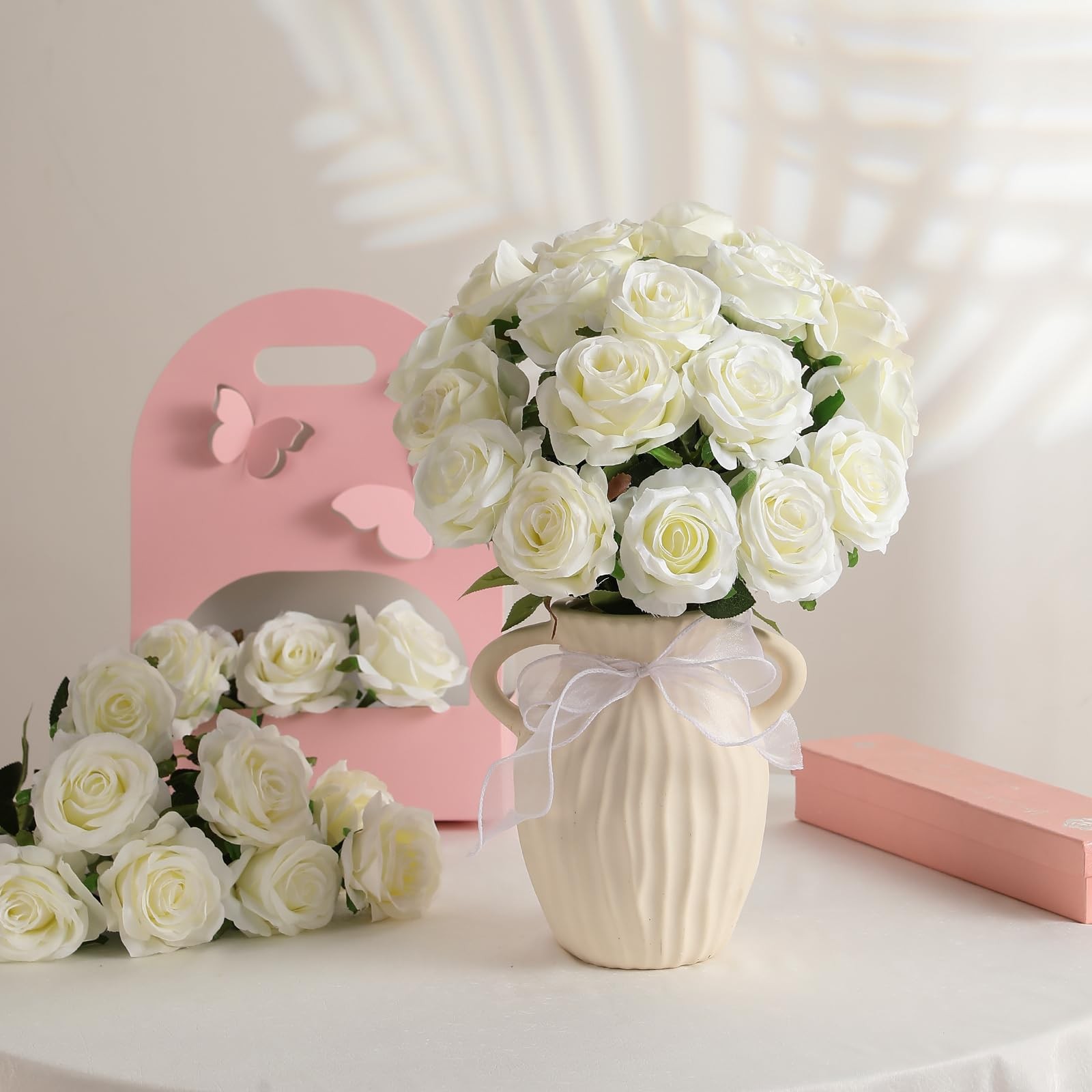 60 Pcs White Roses Artificial Flowers Bulk, Silk Roses with Stem Realistic Wh…