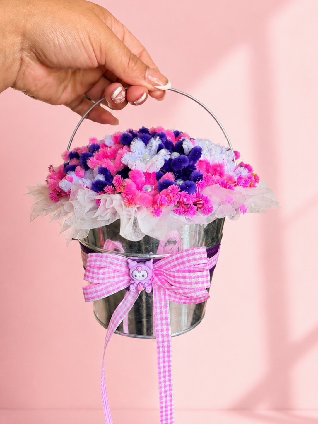 Handmade Pink, Purple & White Pipe Cleaner Flower Basket – Forever Floral Gift