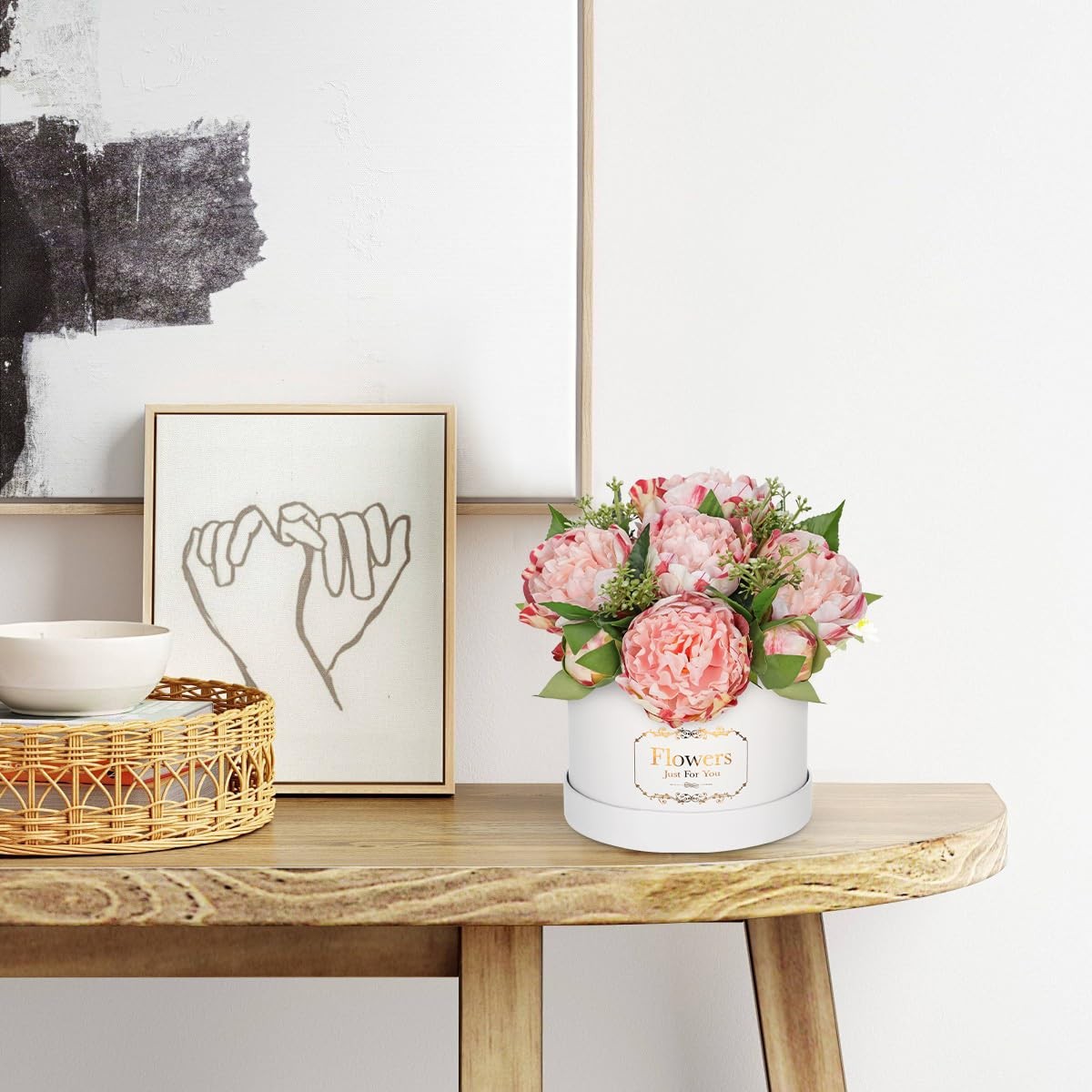 Pink Peonies Artificial Flowers in Vase Round Gift Boxes Fake Arrangements