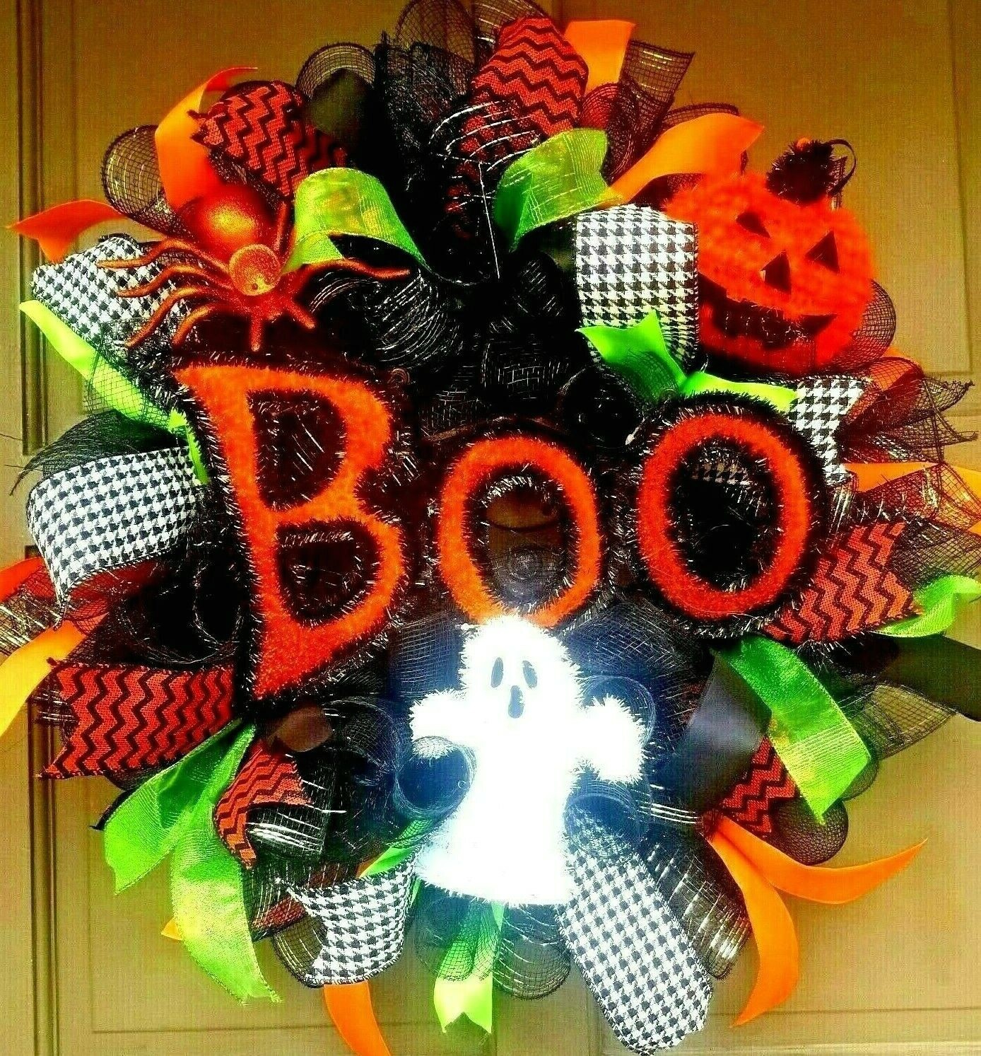 Halloween Wreath Front Door Decoration Large 24″ BOO Handmade Black Deco Mesh