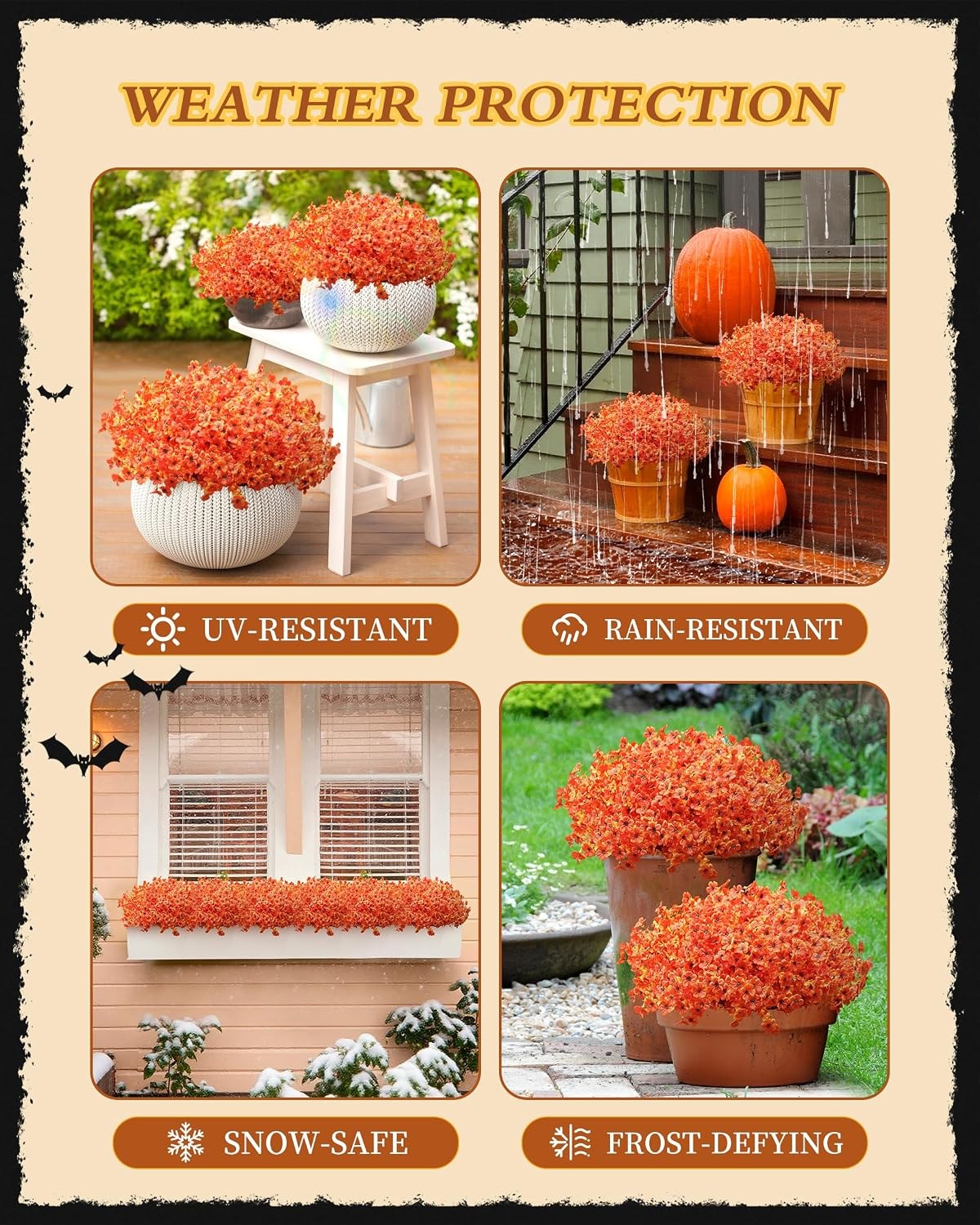 Artificial Orange Yellow Fall Mums Faux Mum Bundles for Outdoor Planters