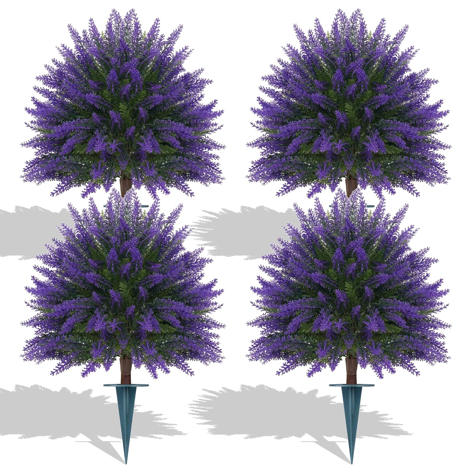 4 Set 16” Artificial Lavender Topiary – UV Resistant Faux Shrubs for Garden & P