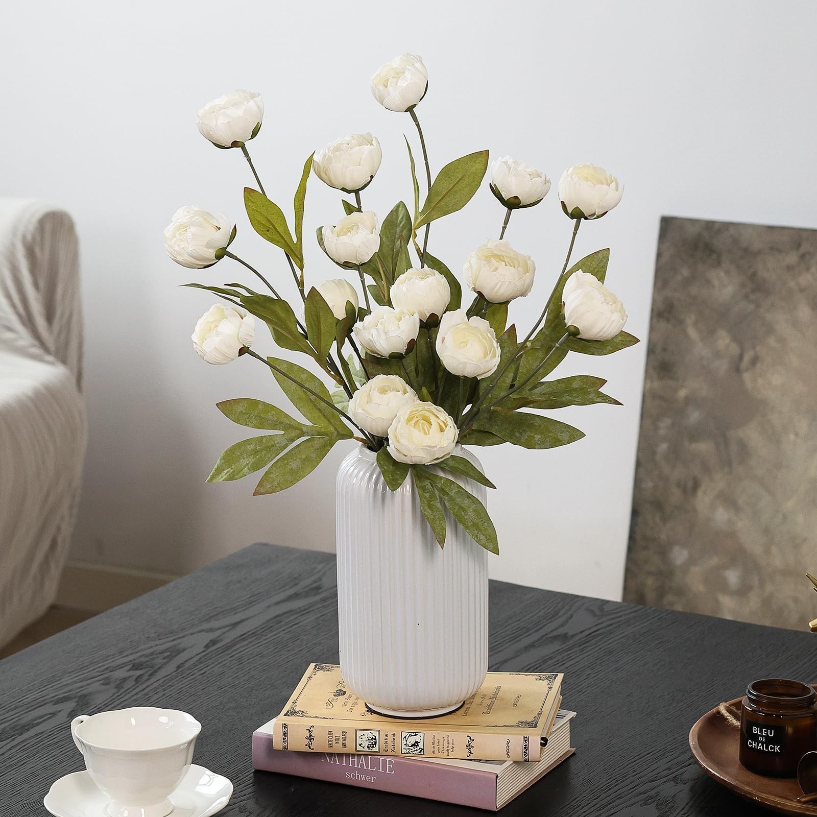 VIERENA 12 Pcs 27″ Faux Silk Peony Artificial Flowers Stems Vase(Cream)