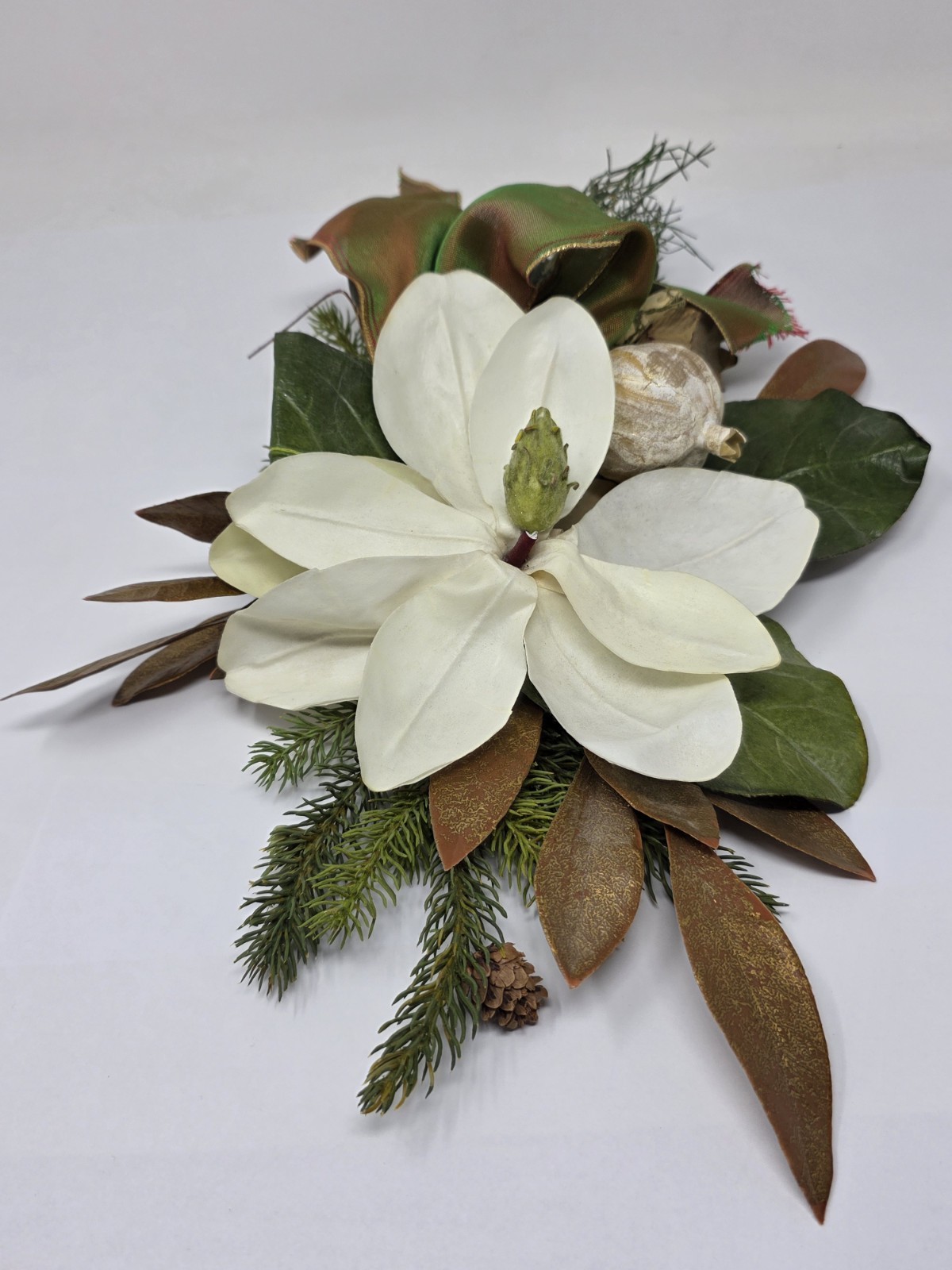 Magnolia Flower Silk Spray With Evergreen, Pinecones Ribbon Vertical Hanging