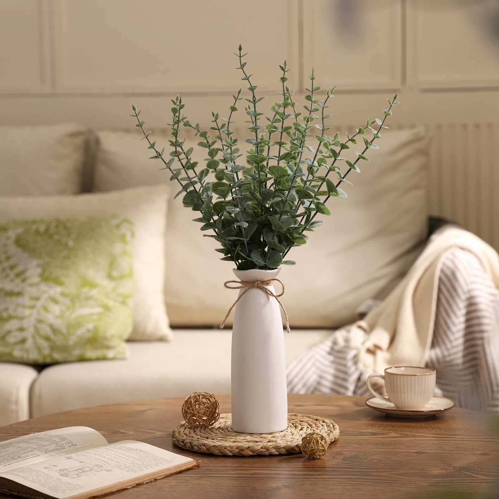 Vase with Greenery, 20pcs Artificial EucalyptusStems in White Vase, Boho Home…