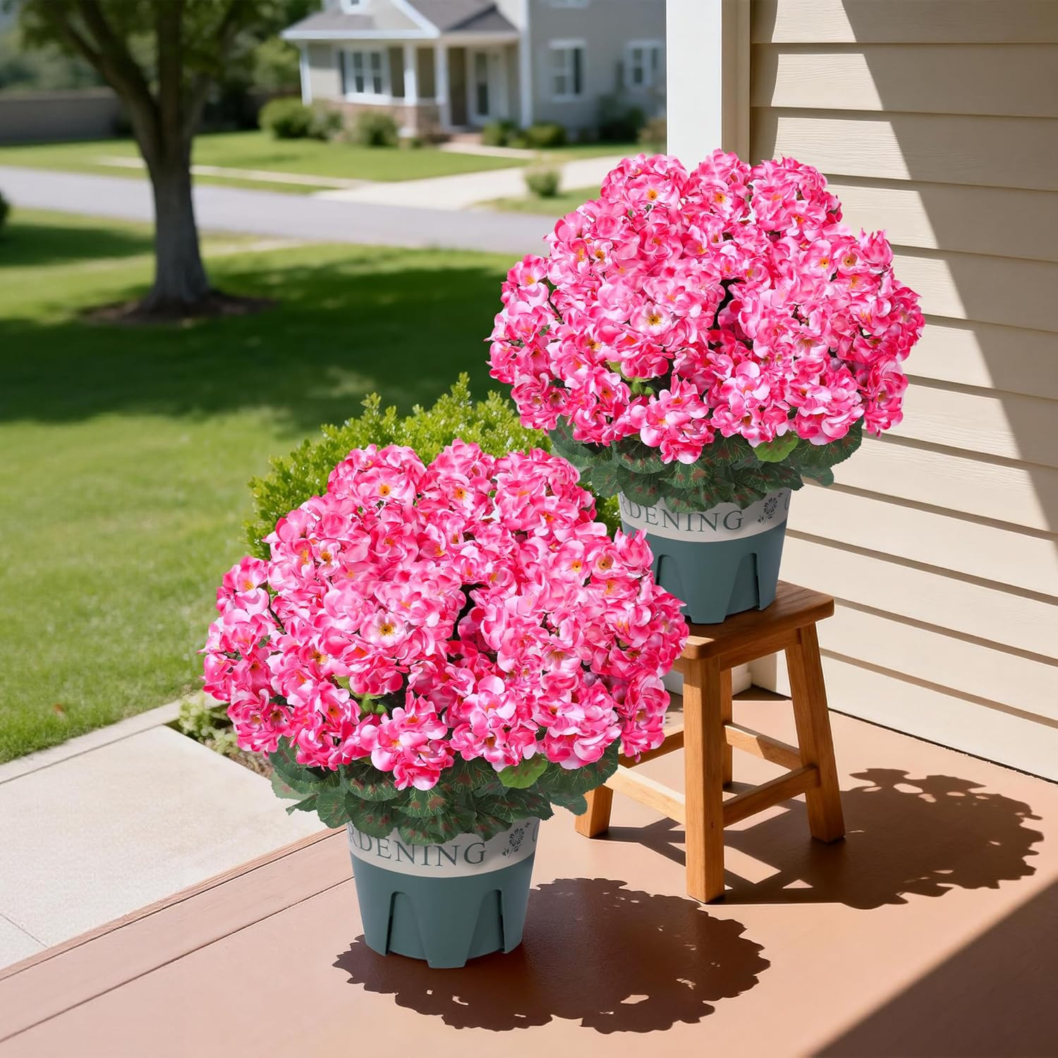 Geraniums Artificial Flowers for Outdoors, 2 Pack Potted Plants Pink Faux Gerani