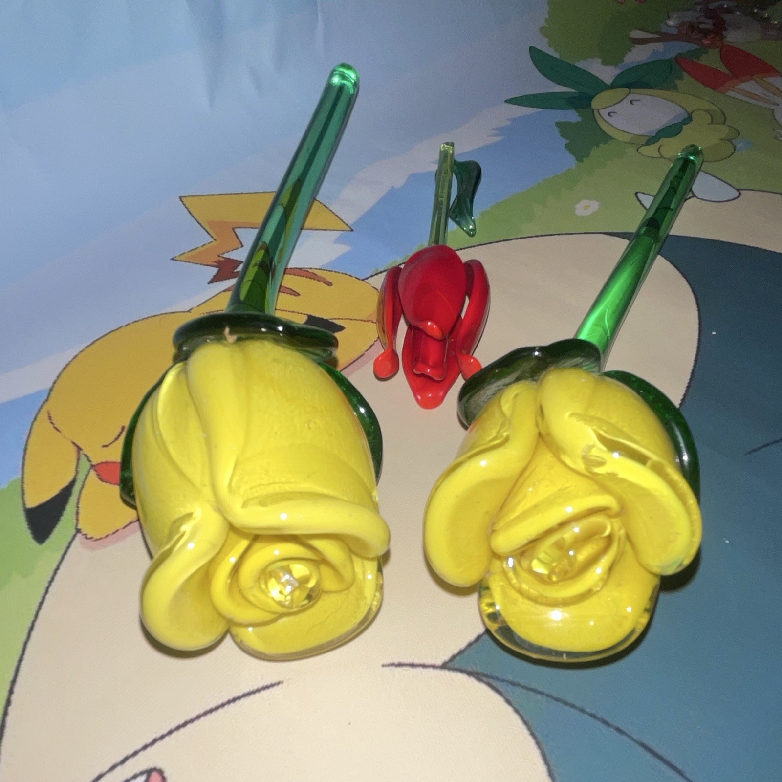 Artificial Glass Flower Stems Lot of 3: 2 Yellow Roses & Red Tulip, Green