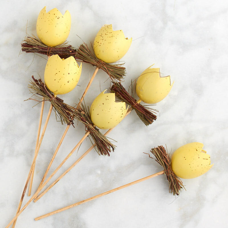 Set of 12 Yellow Artificial Cracked Eggs and Twig 10″ Floral Picks