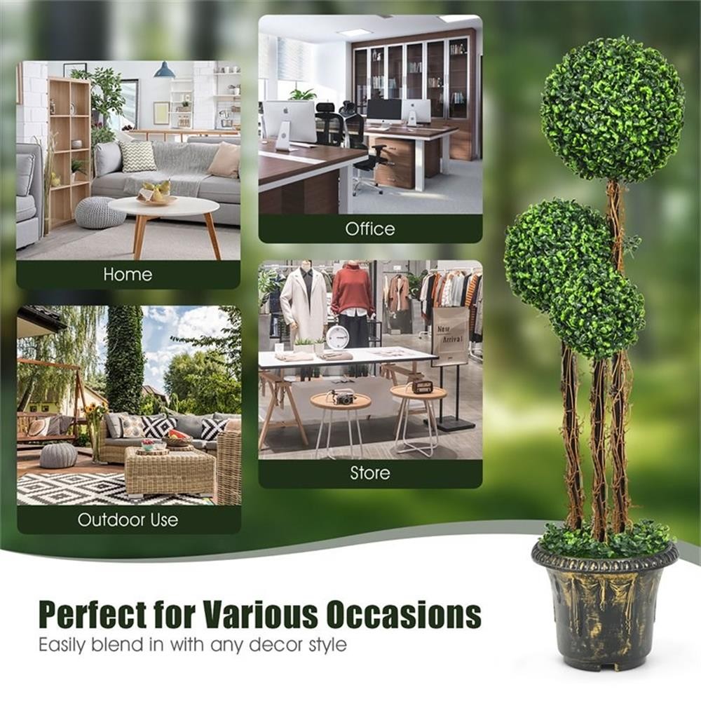 Pemberly Row Artificial Topiary Triple Ball Tree Plant w/ UV Resistant in Green
