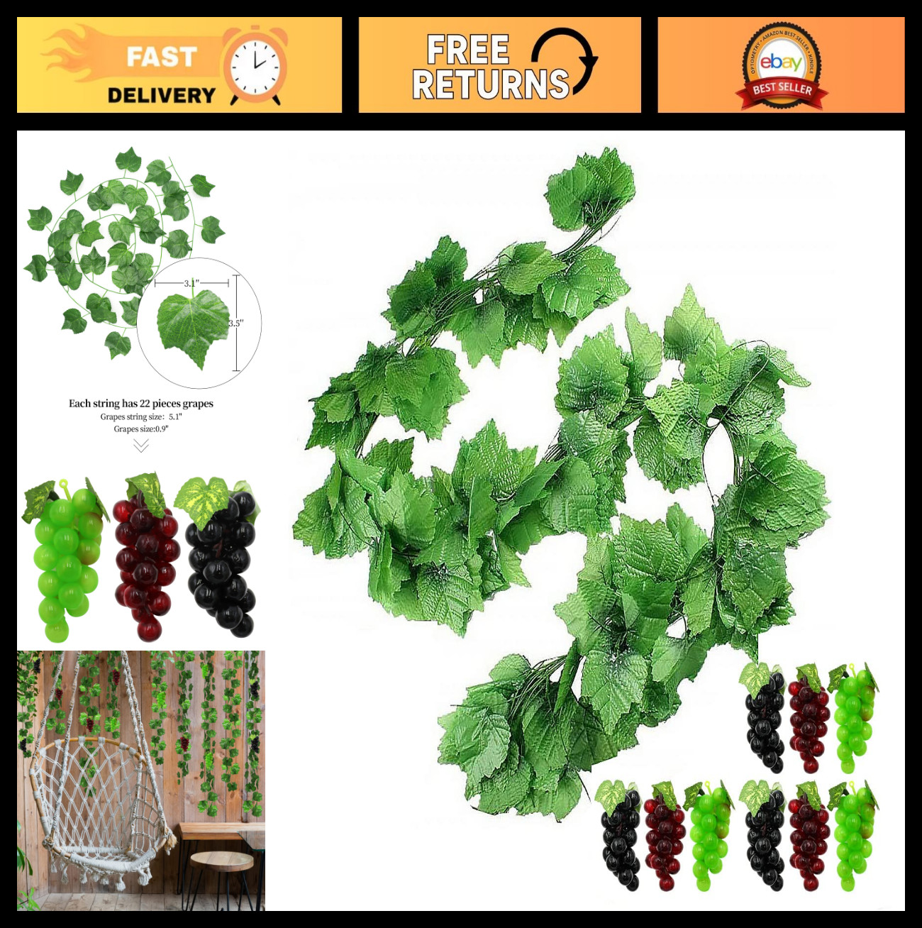 90ft Artificial Grape Vines – 12 Strands with 9 Strings, Hanging Garland for Hom