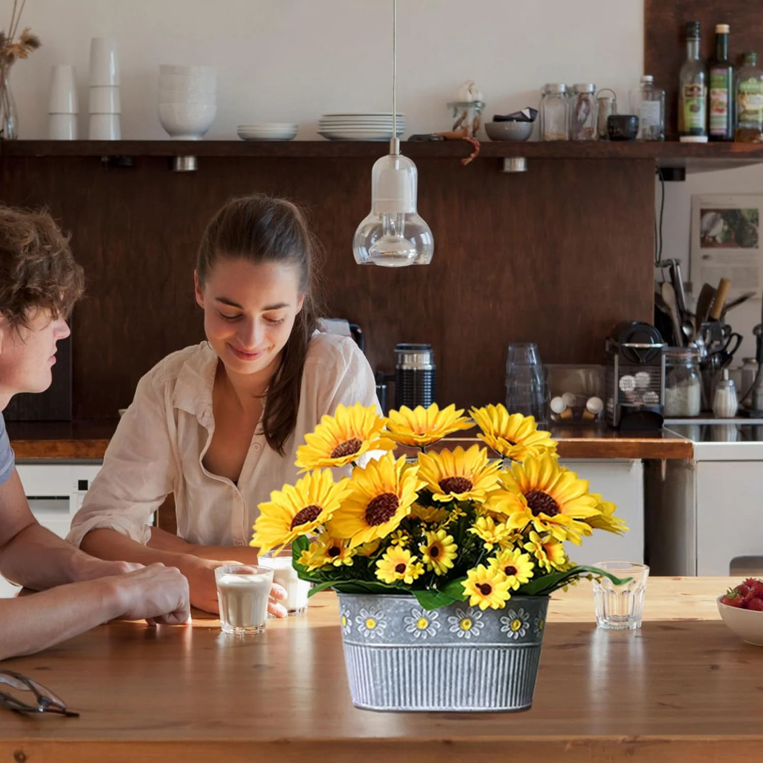 Artificial Flowers Fake Sunflowers in Pot, Faux Silk Flowers Floral Table Center