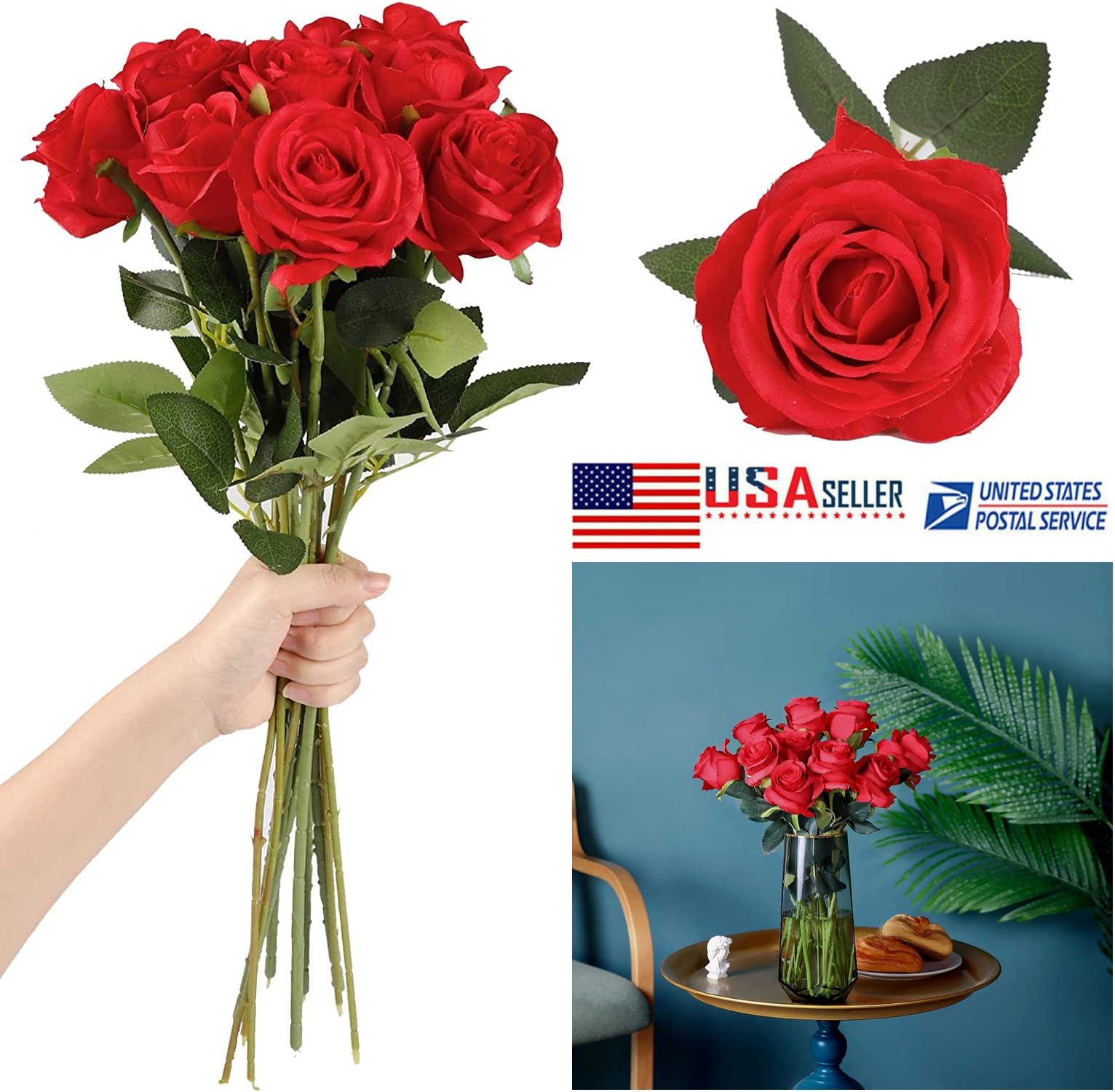 10/20x Red Roses Artificial Flowers Fake Velvet Silk Rose Bulk Faux Floral Decor
