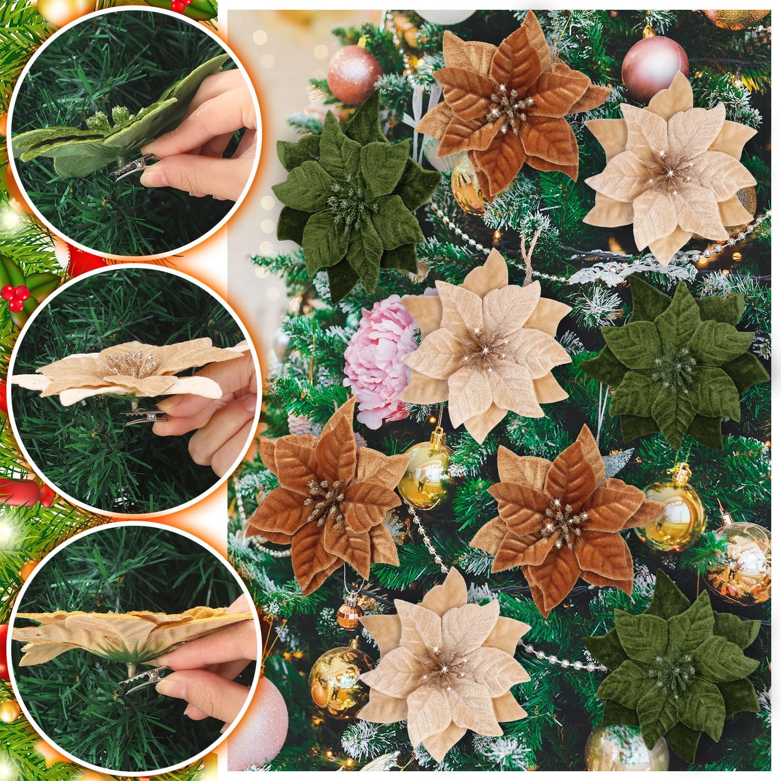 12 Pcs Artificial Neutral Christmas Poinsettia Flower 5.9 Inch Velvet