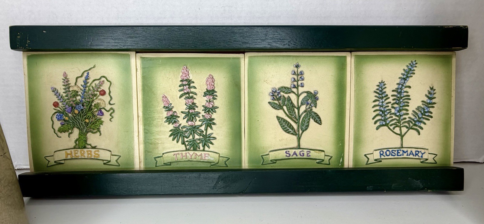 Set of Garden Wood Plaque w/ Herb Tiles Metal Vase Trash Can & Herb Crock