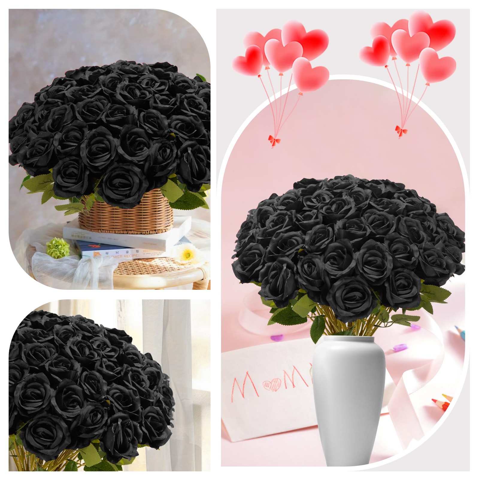 Fanfantoey Black Roses Artificial Flowers Bulk, 52Pcs Fake Roses Flower Arran…