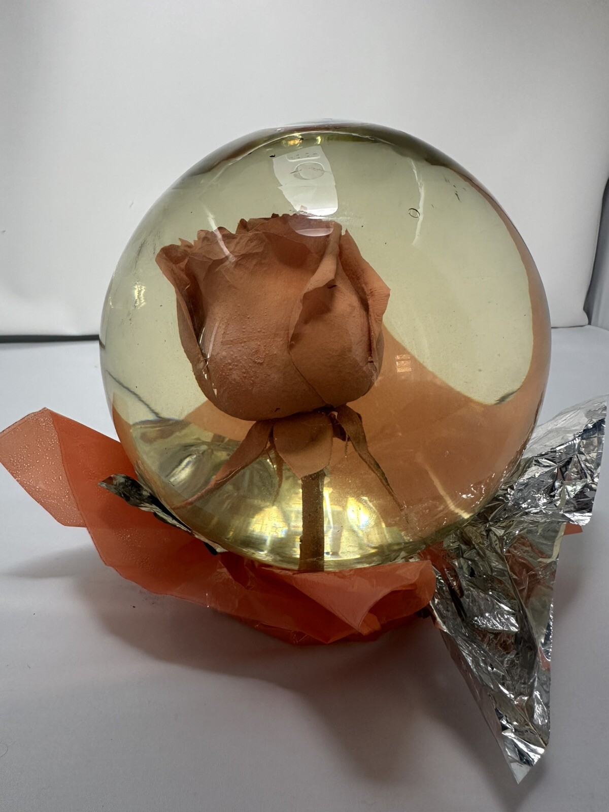 Vintage Suspended Rose Glass Bubble 6.5” tall by Mexiflower Orange Foil Netting
