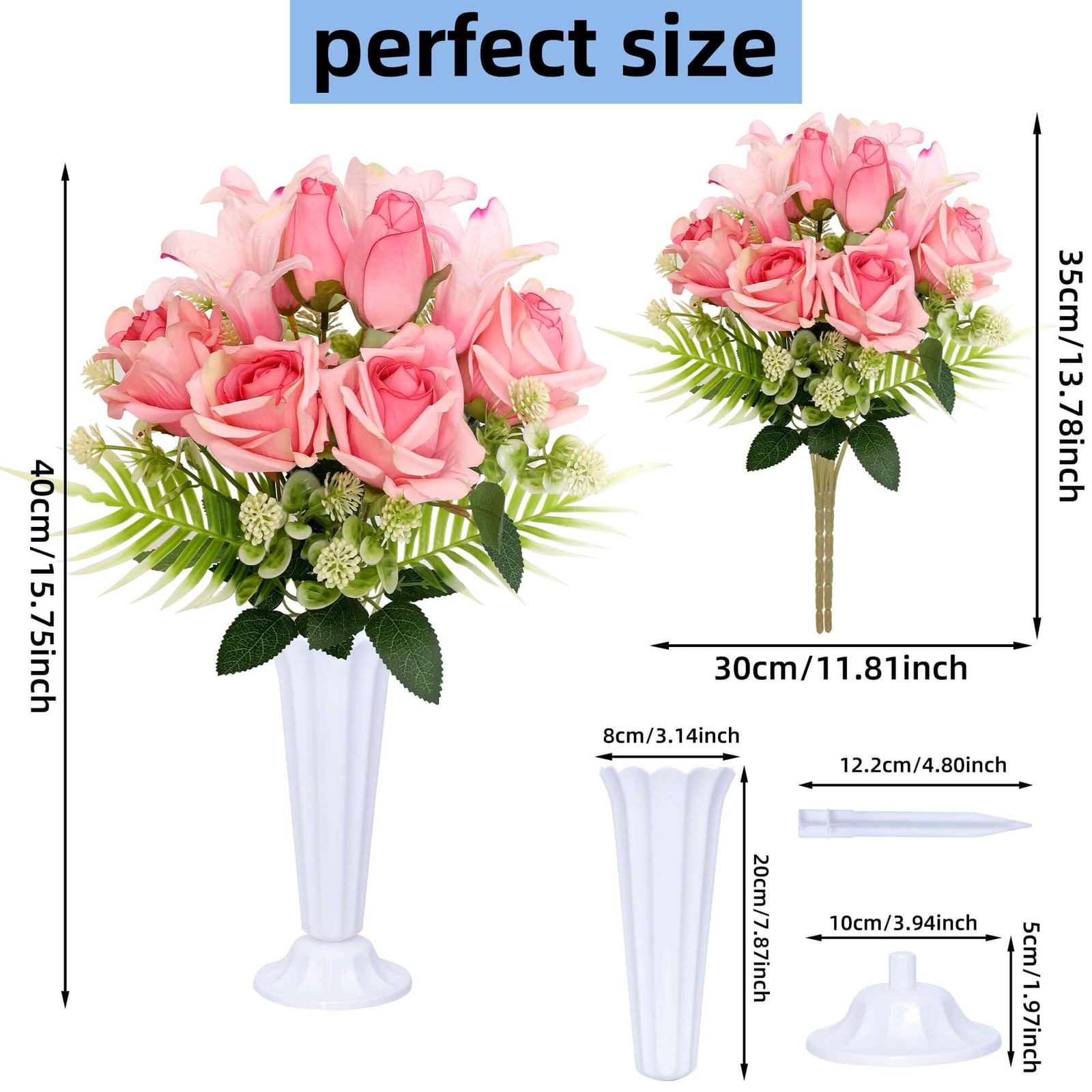 Artificial Cemetery Flowers with Vases Set of 2 Roses Lily Silks Bouquets Rea…