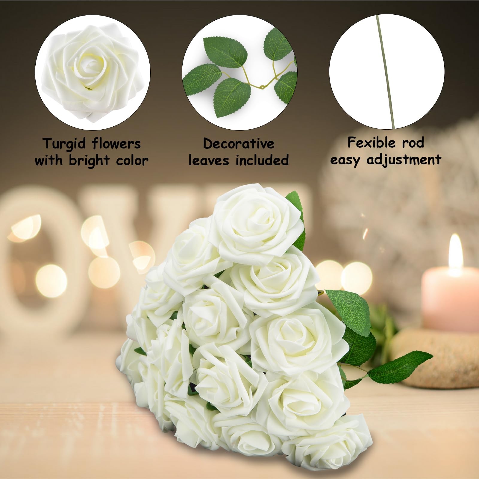 100pcs Artificial Flowers White Roses for Decorations, Real Looking Fake Foam…