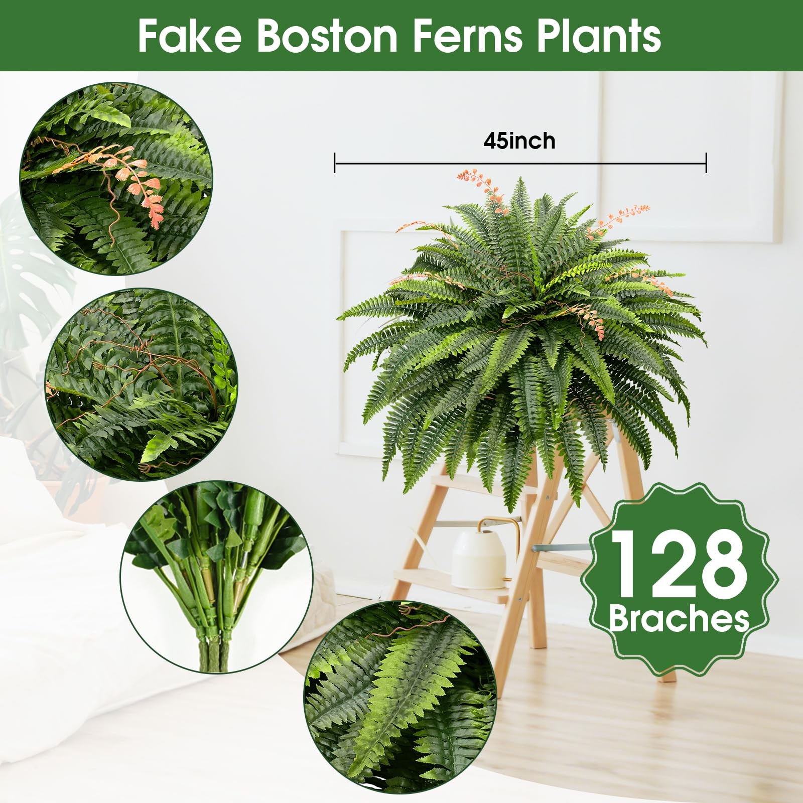 128 Branches Fake Ferns Artificial Plants Large, 50″ Set of 2 Artificial Bost…