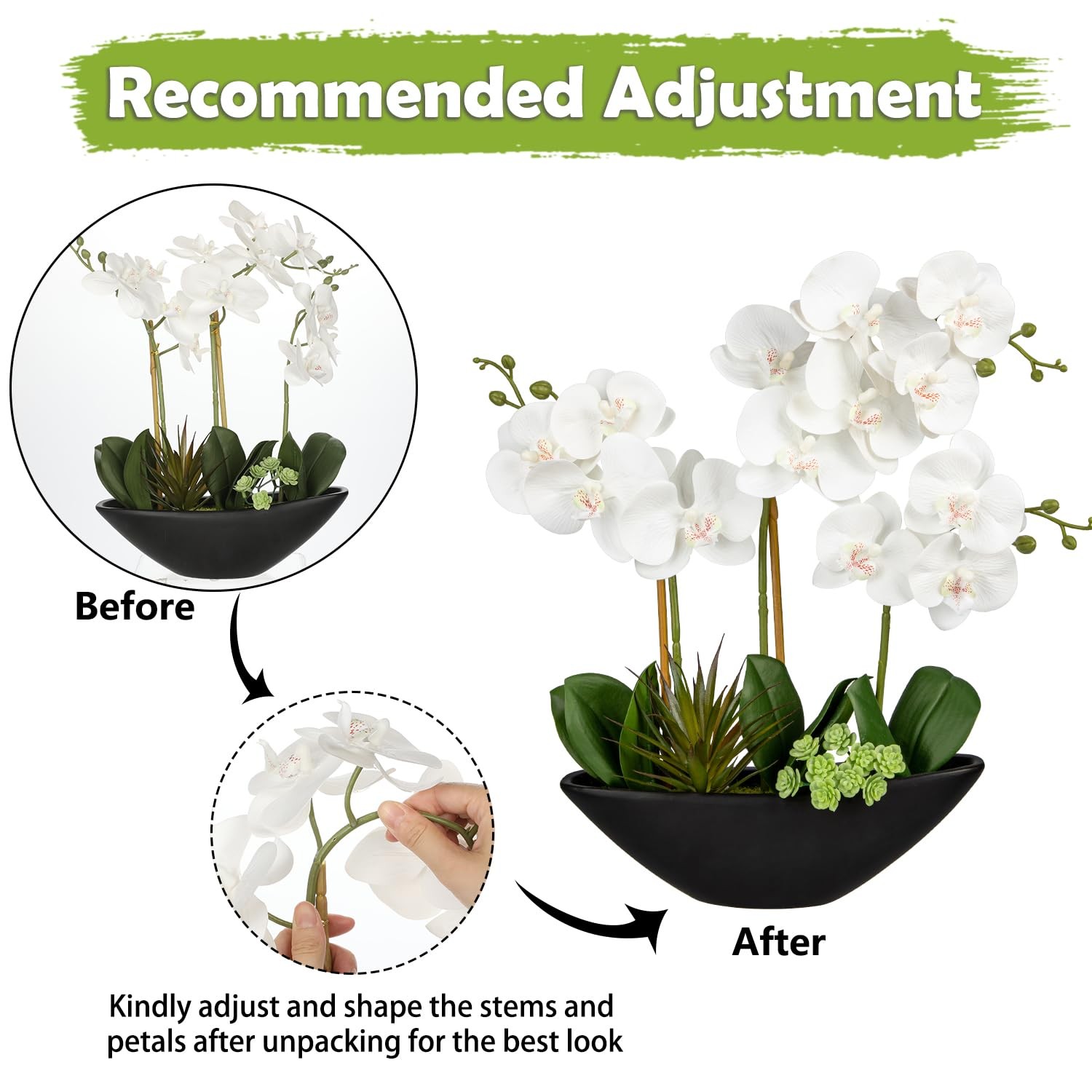 Orchid Fake Flowers 17in White Artificial Orchid Silk Flowers in Black Pot Fa…
