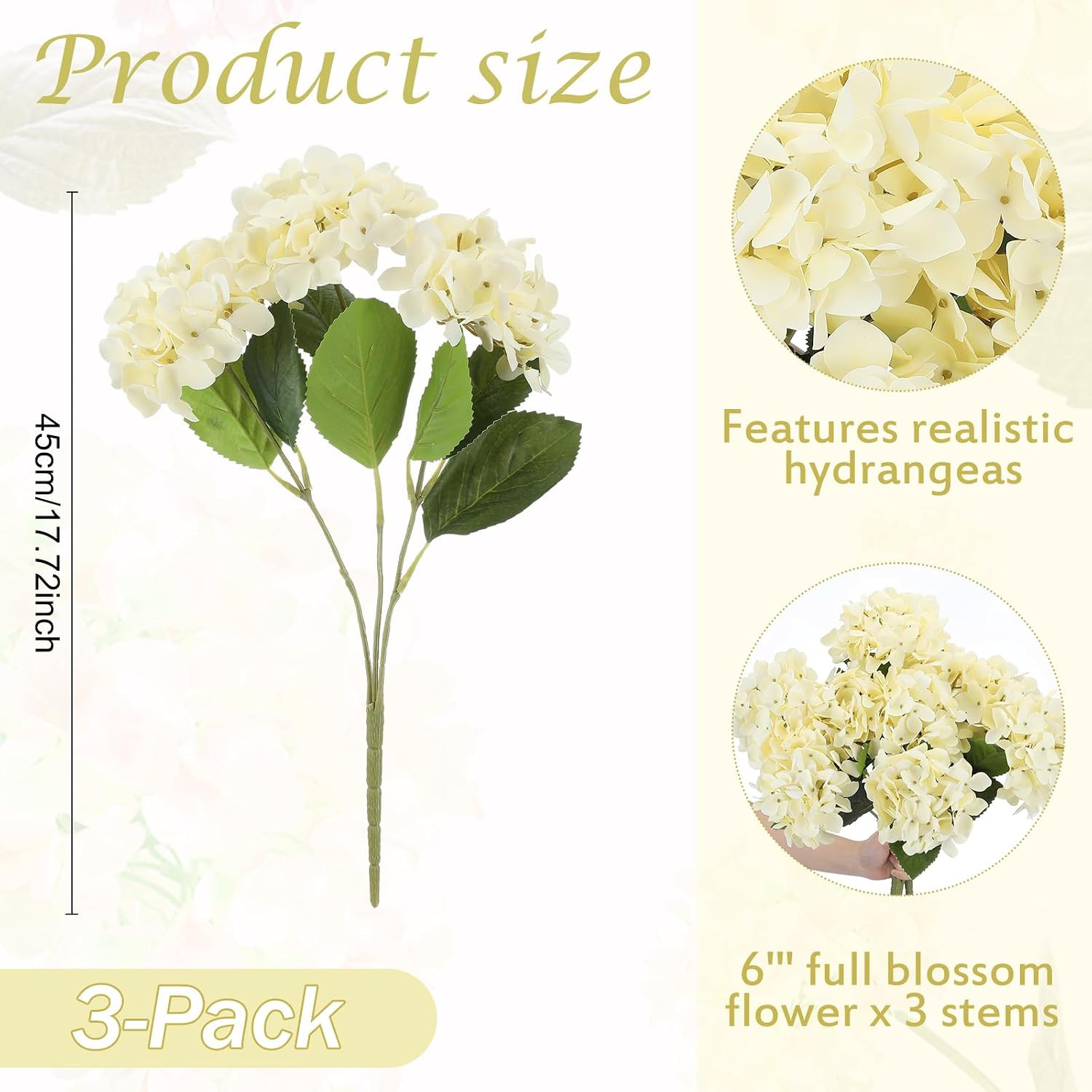 Large UV-Resistant White Faux Hydrangea Bouquet – 3 Pcs for Weddings & Decor