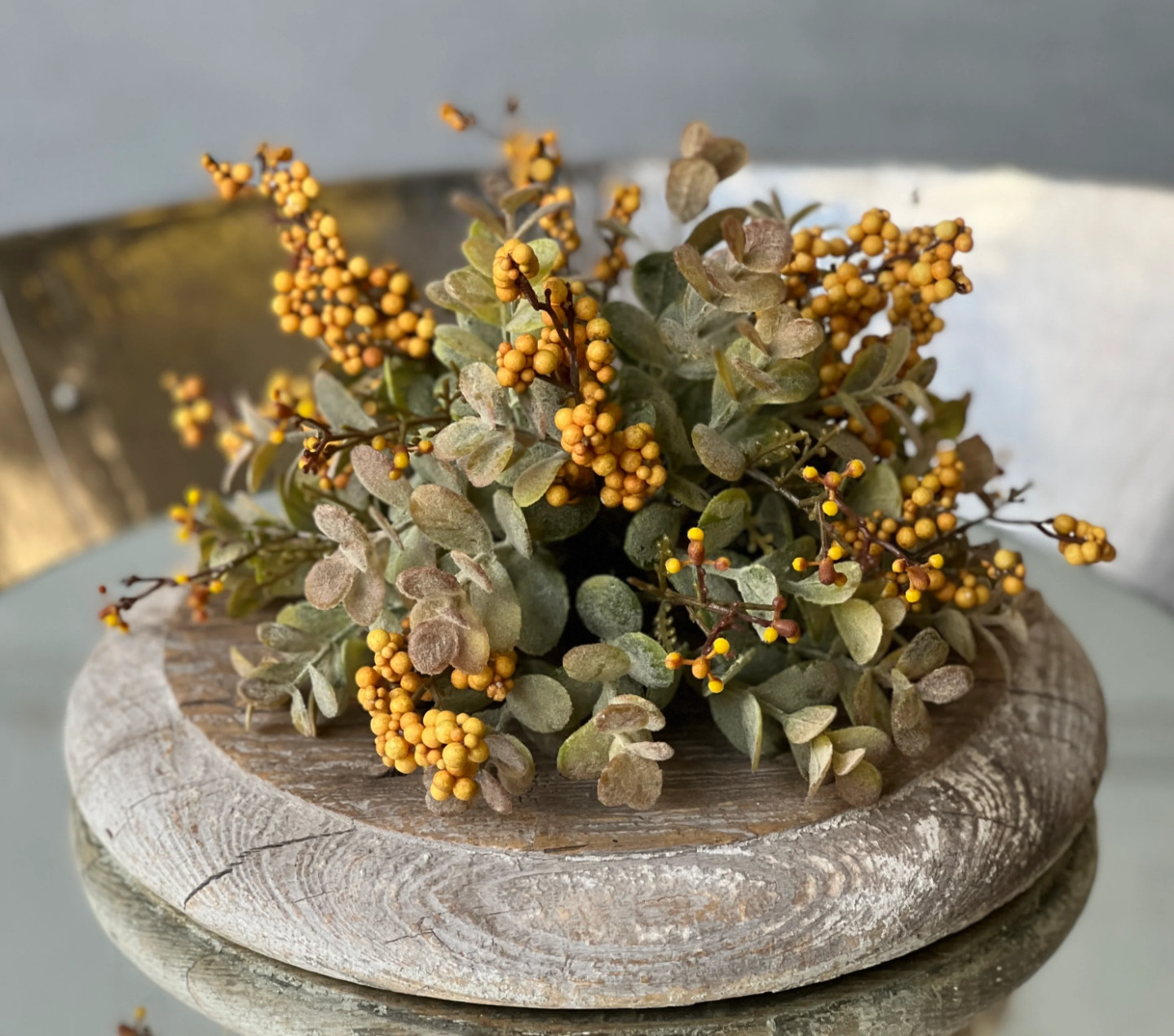 10″ Mustard Pebble Creek Eucalyptus Floral Half Sphere