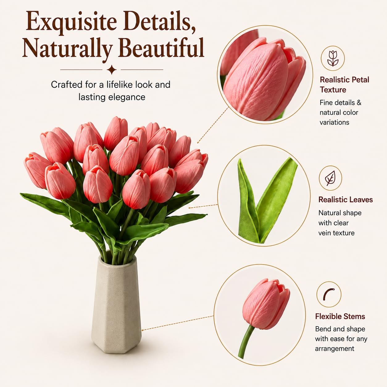 20pcs Artificial Coral Pink Tulips