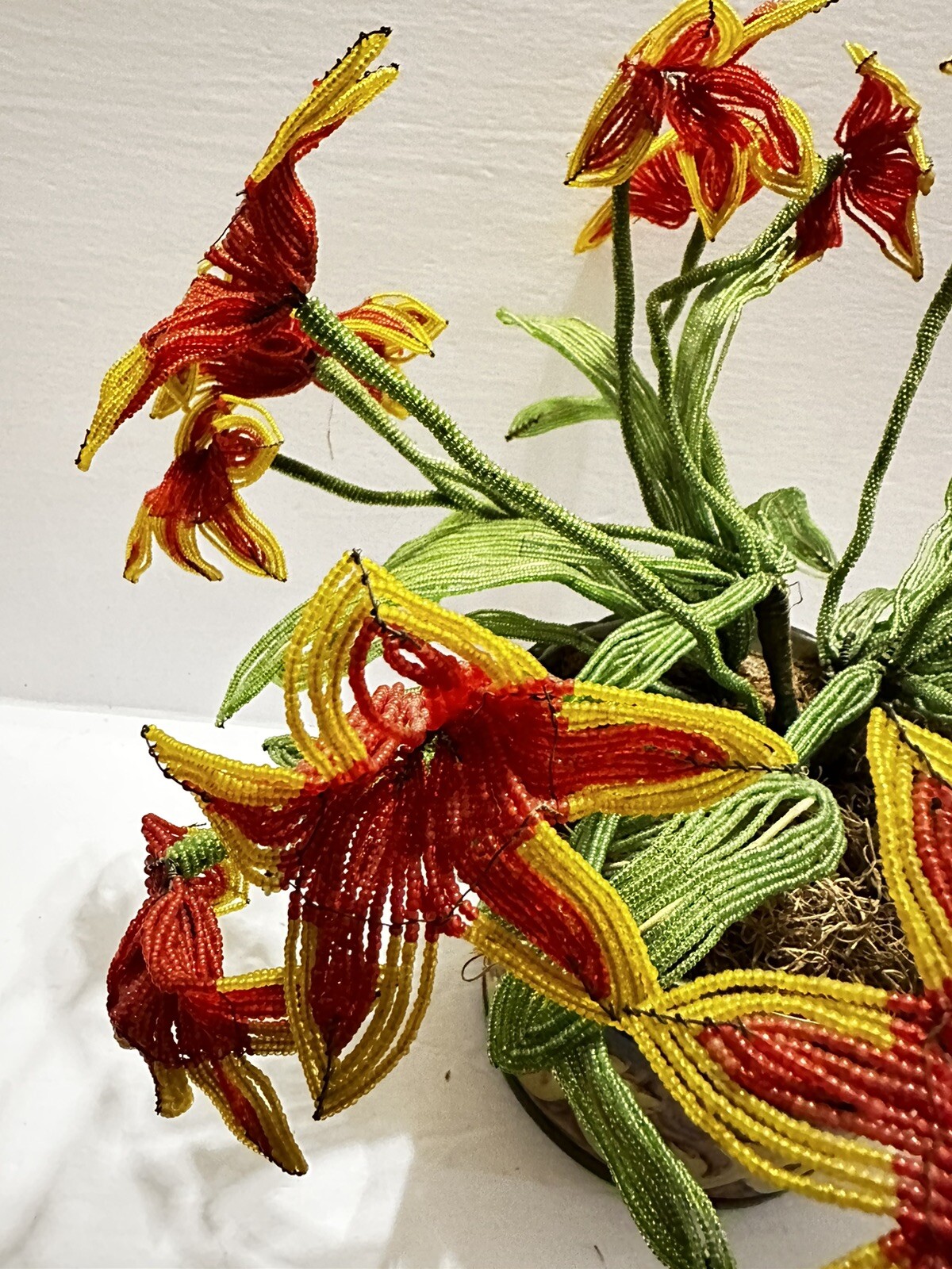 Vintage Beaded Red/yellow Orchid Flowers For Bonwit Teller Made In Italy